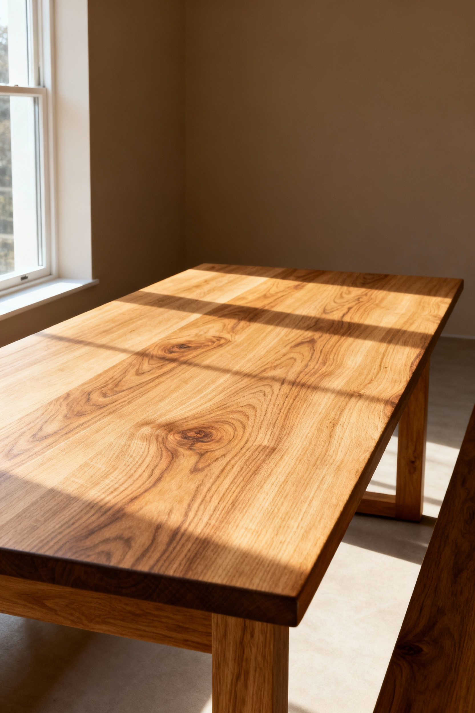 Dining room featuring a sturdy, high-quality solid oak dining table, showcasing beautiful wood grain and a warm finish, bathed in natural light, embodying enduring longevity.