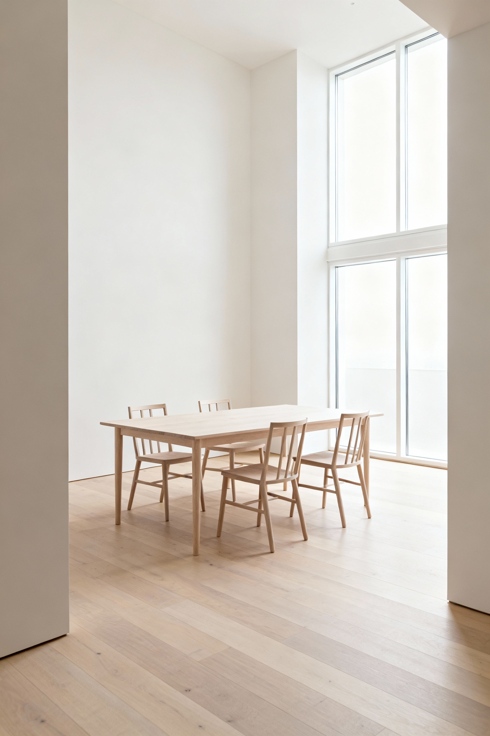 A serene Scandinavian dining room emphasizing minimalist design and extensive negative space. Features a simple wooden table and chairs, wide circulation paths, and large windows bringing in natural light, conveying openness and calm.