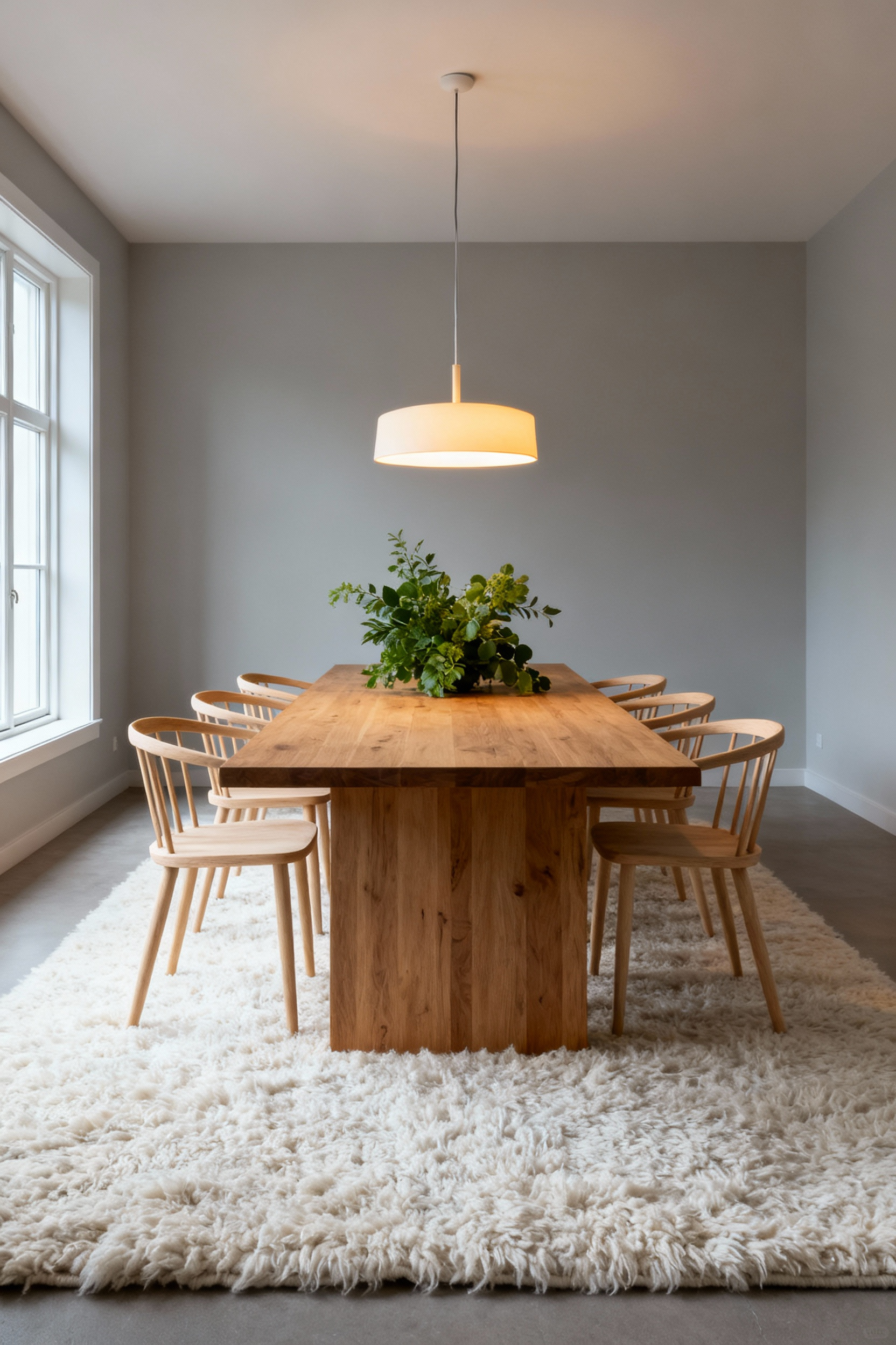 Nordic dining room featuring a solid oak table, birch chairs, wool rug, and subtle botanicals, designed for a holistic sensory experience with layered lighting and natural materials.