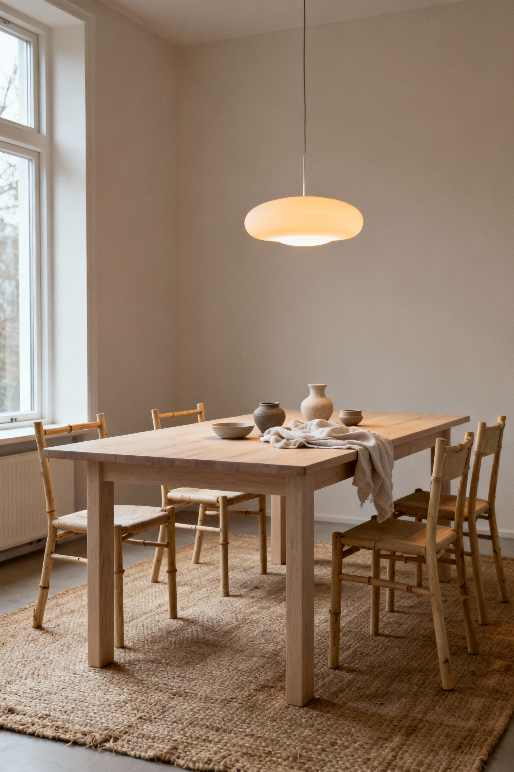 A minimalist and cozy Scandinavian-style dining room with a natural wood table, ergonomic chairs, layered lighting, and natural textiles, designed for comfort and purposeful moderation.