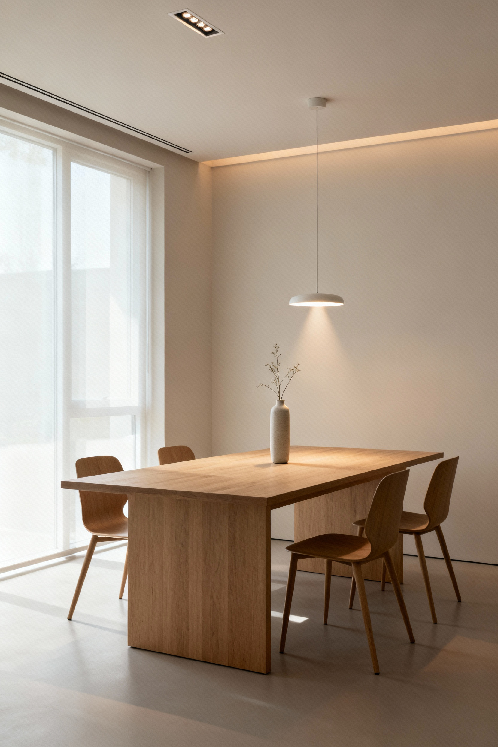 A serene and minimalist dining room with a solid light oak dining table and iconic modern chairs, bathed in soft natural light, showcasing reduced design for enduring elegance and clarity.