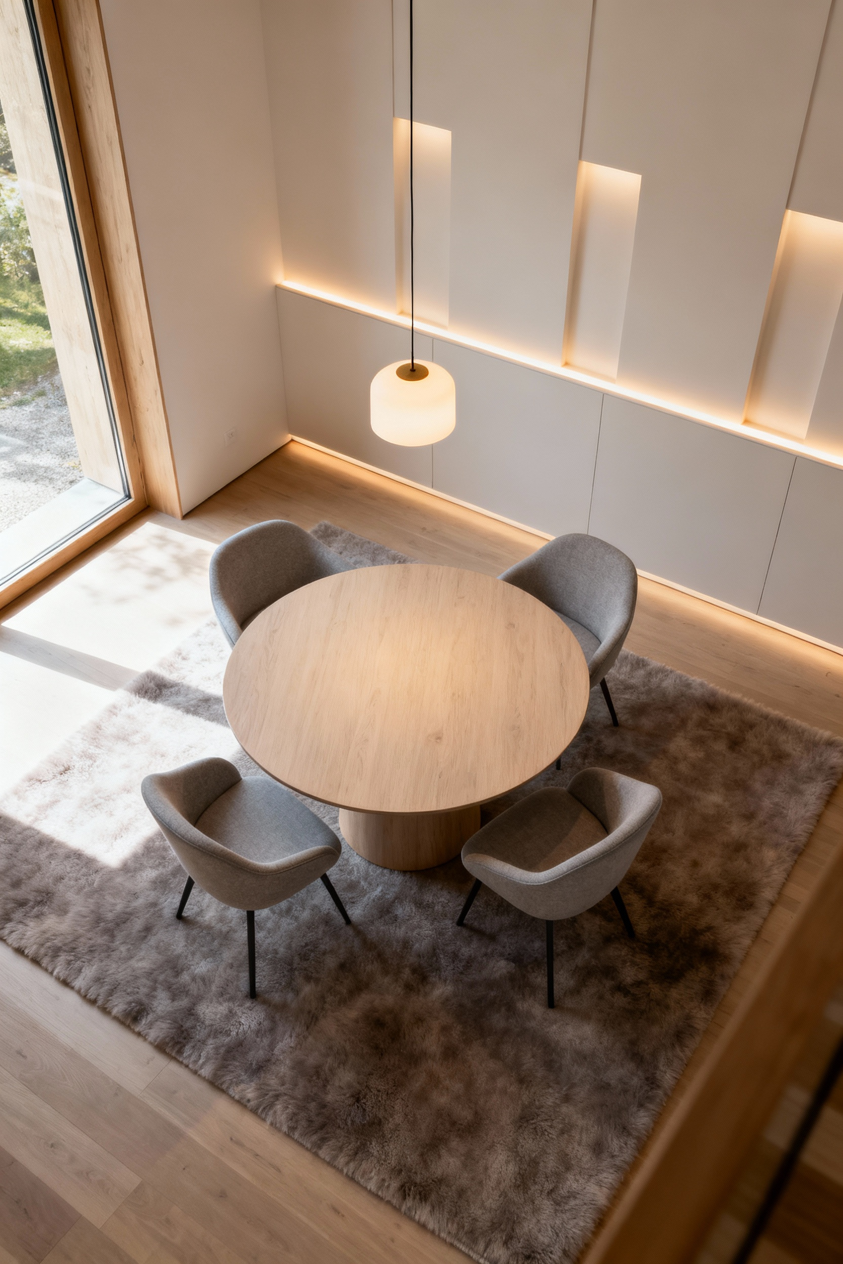 Scandinavian dining room with a round light-wood table, comfortable gray chairs, soft layered lighting, and a wool rug, designed to encourage intimate conversations.