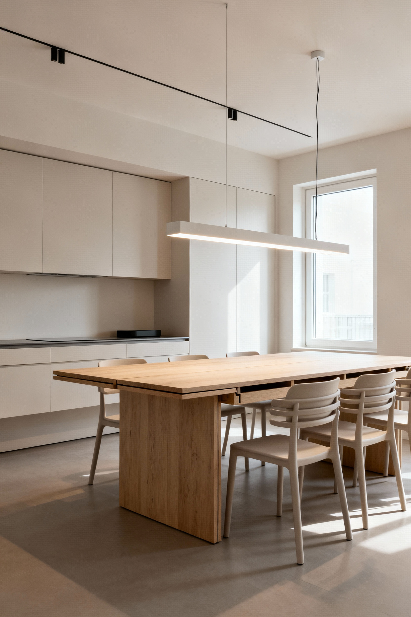 Scandinavian-style versatile dining room with extendable oak table, minimalist chairs, integrated storage, and adjustable pendant lighting, ready for dynamic functions.