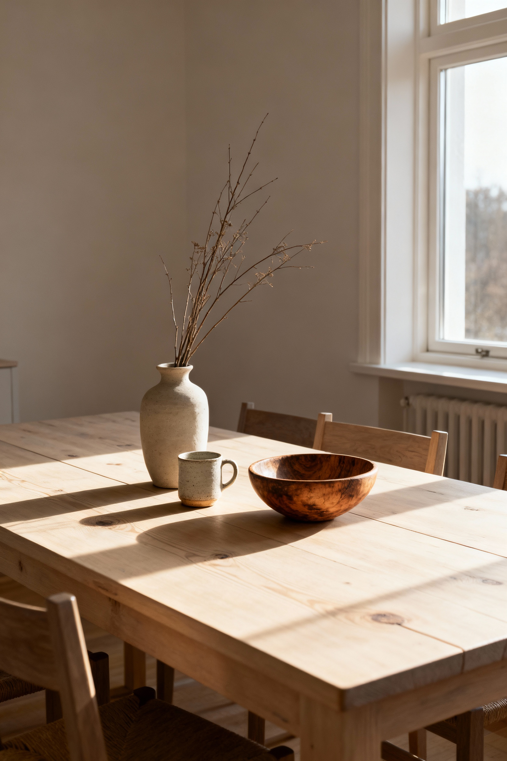 A serene dining room featuring a light wood table with a ceramic vase holding dried branches, an aged wooden bowl, and a ceramic mug, bathed in natural light, embodying authentic personal narrative.
