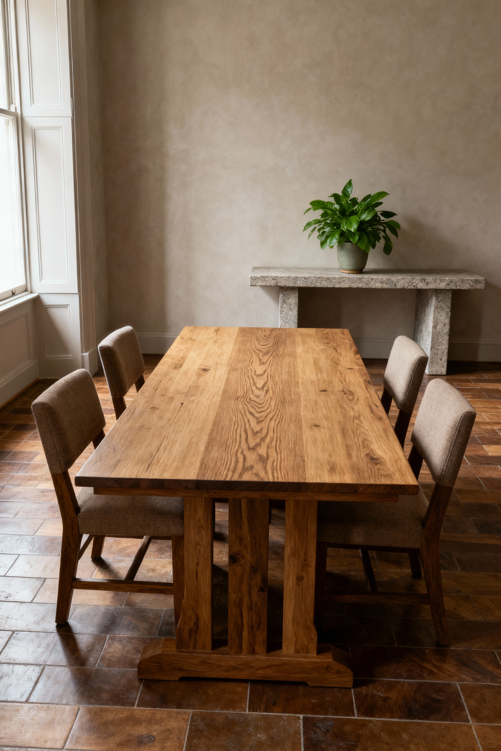 A well-appointed dining room showcasing a solid oak dining table and classic sturdy chairs, emphasizing durable materials and timeless design, illuminated by natural light.