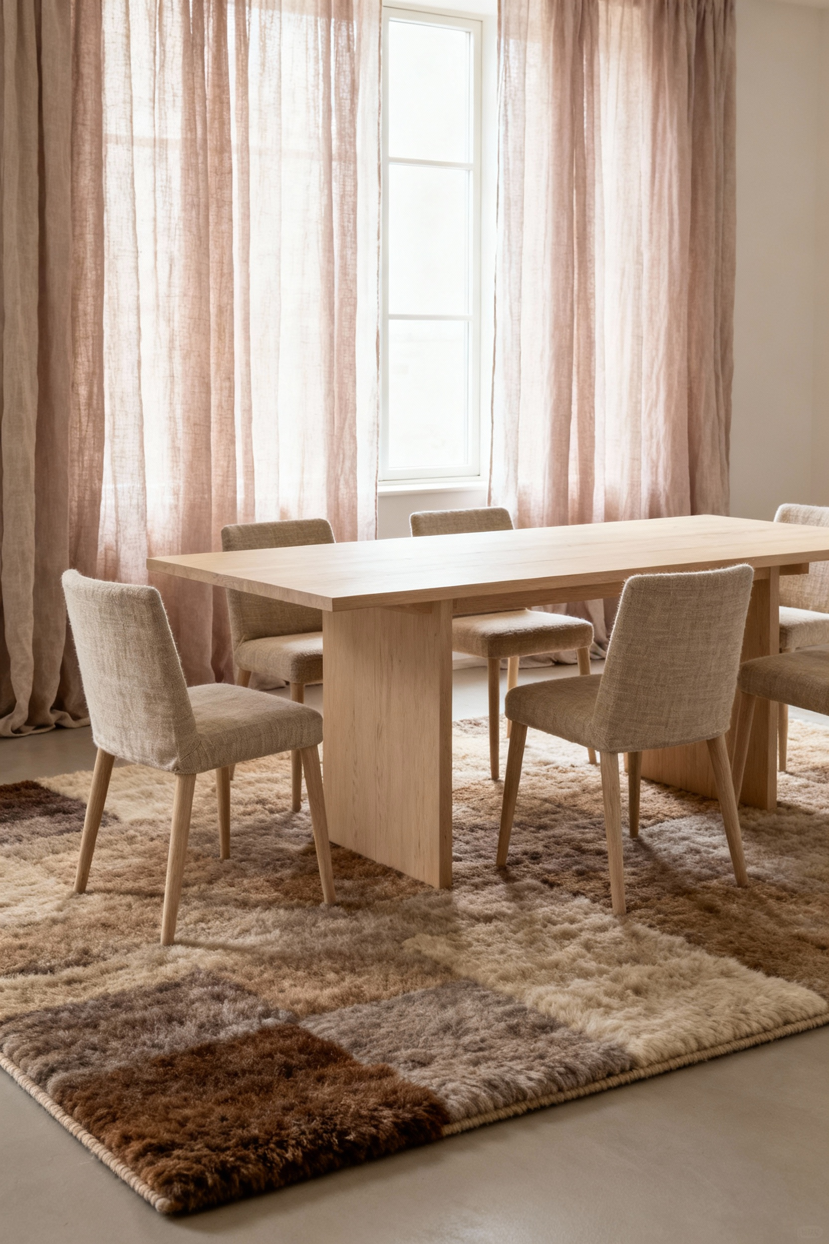 Scandinavian dining room featuring a large wool rug, linen curtains, and natural fiber upholstered dining chairs, showcasing textile dynamics for acoustic comfort and visual warmth.