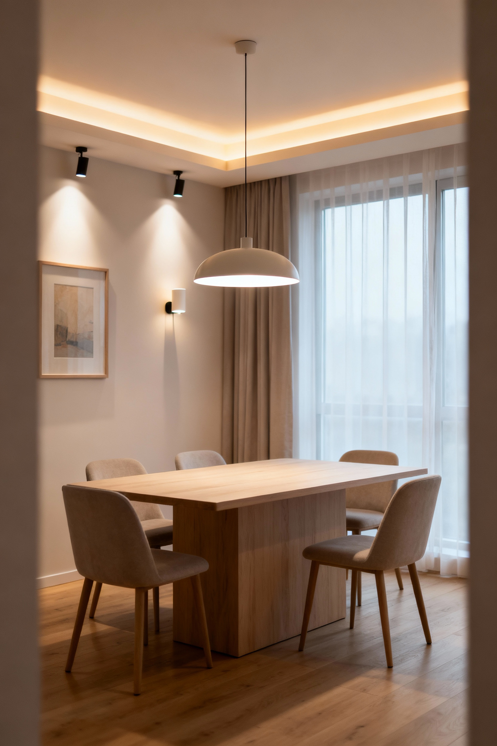 A bright Scandinavian dining room showcasing layered lighting. A design pendant lamp over a wooden table provides task lighting, while ambient light comes from wall sconces and accent lights highlight artwork.