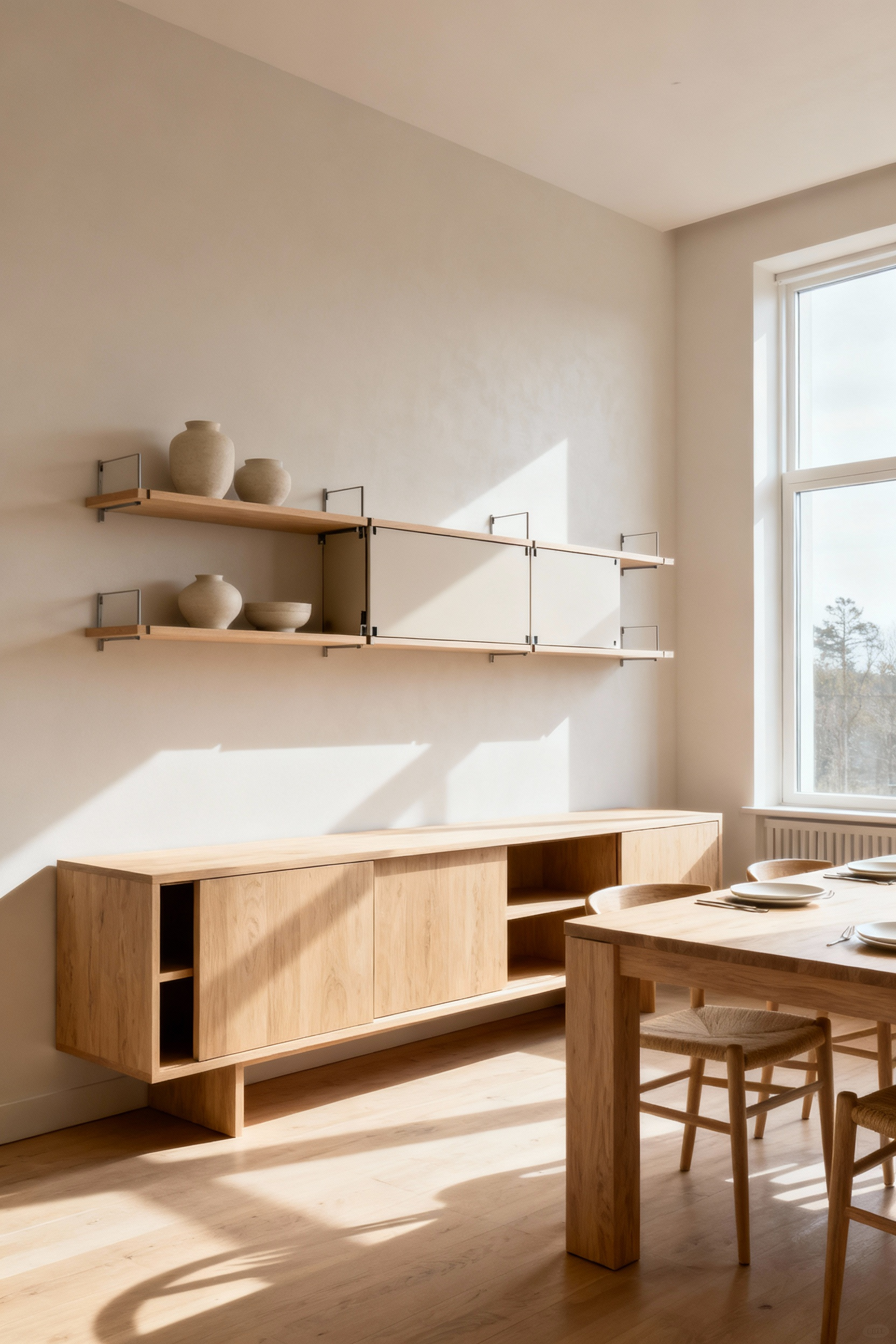 Scandinavian dining room with elegant, built-in light oak credenza and minimalist hidden wall storage, emphasizing clean lines and natural light for unobtrusive organization.