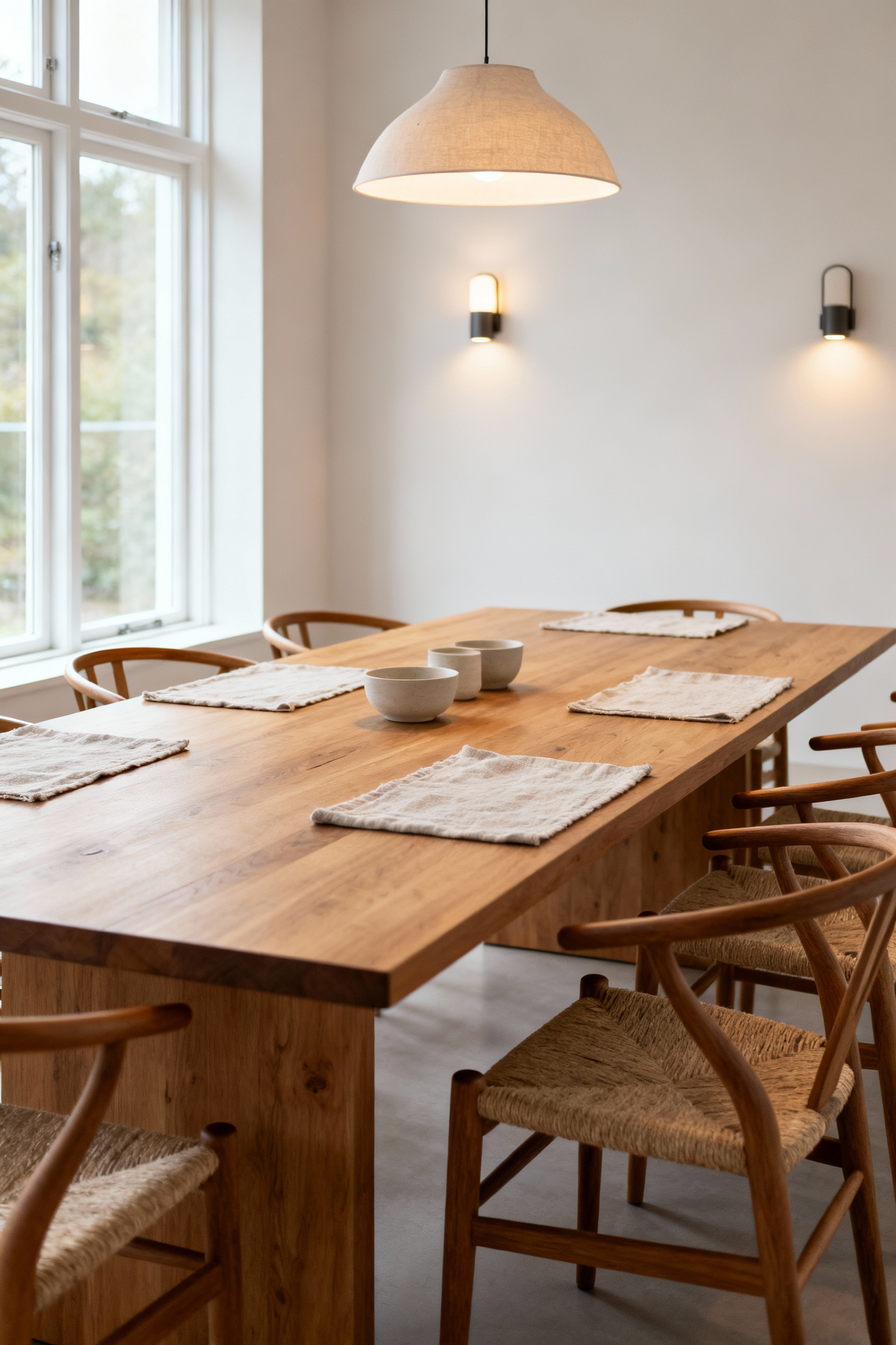 Nordic dining room interior with solid oak extendable table and ergonomic wooden chairs, natural lighting, multi-layered illumination, promoting purpose-driven aesthetics.