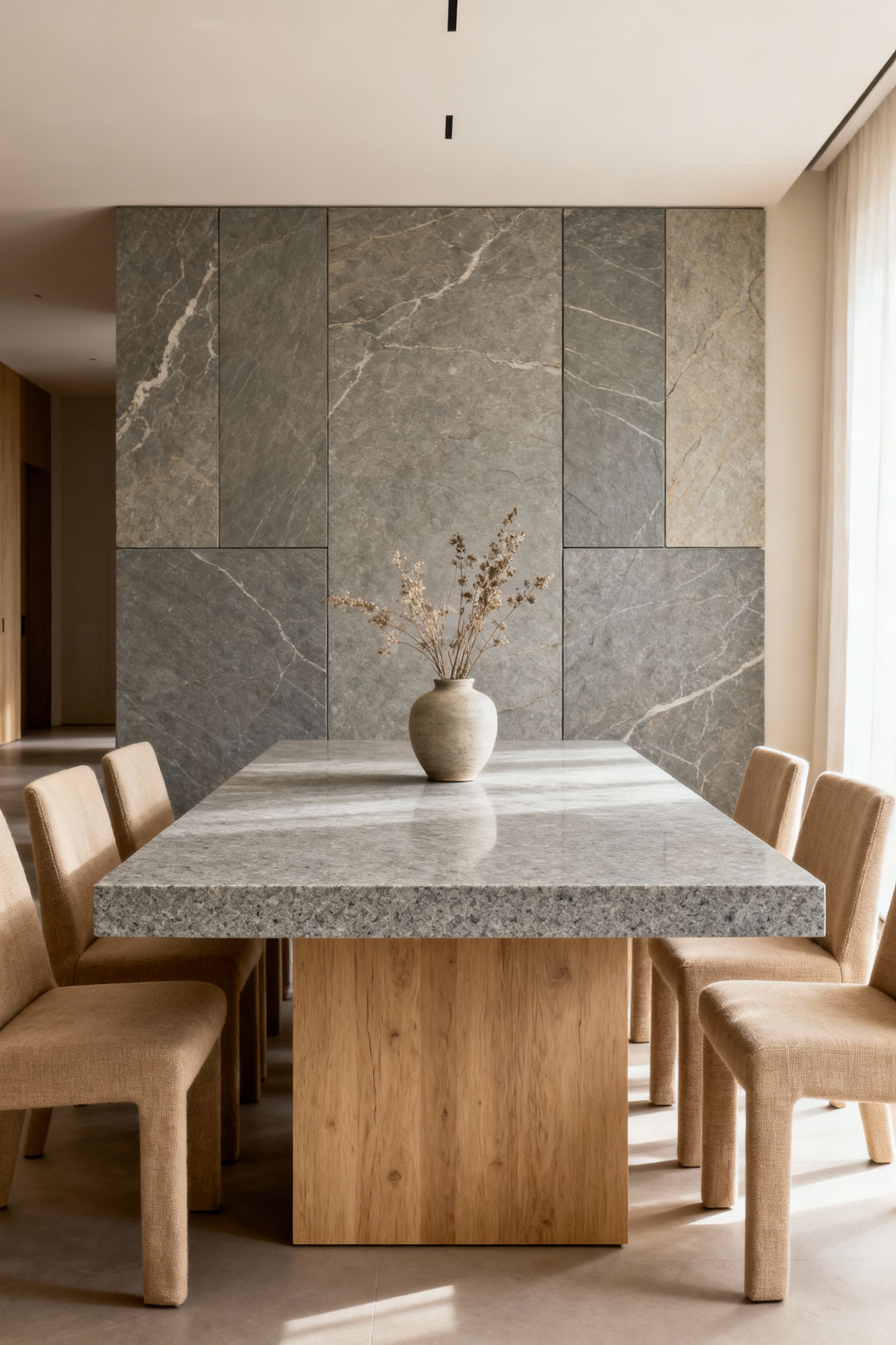 Nordic-style dining room with a honed grey granite dining table and slate accent wall, showcasing elemental stone's grounded sophistication and permanence.