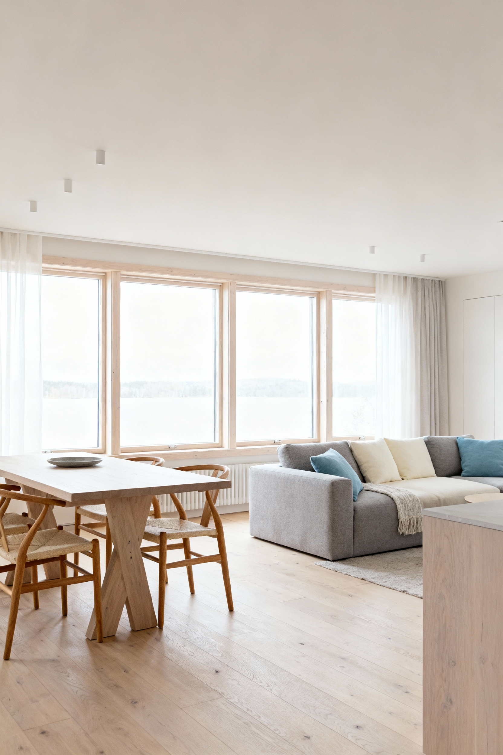 Interior view of an open-concept living and dining area showcasing a cohesive Nordic design language, with consistent light wood furniture, muted textiles, and natural light unifying the space, emphasizing harmony and flow.