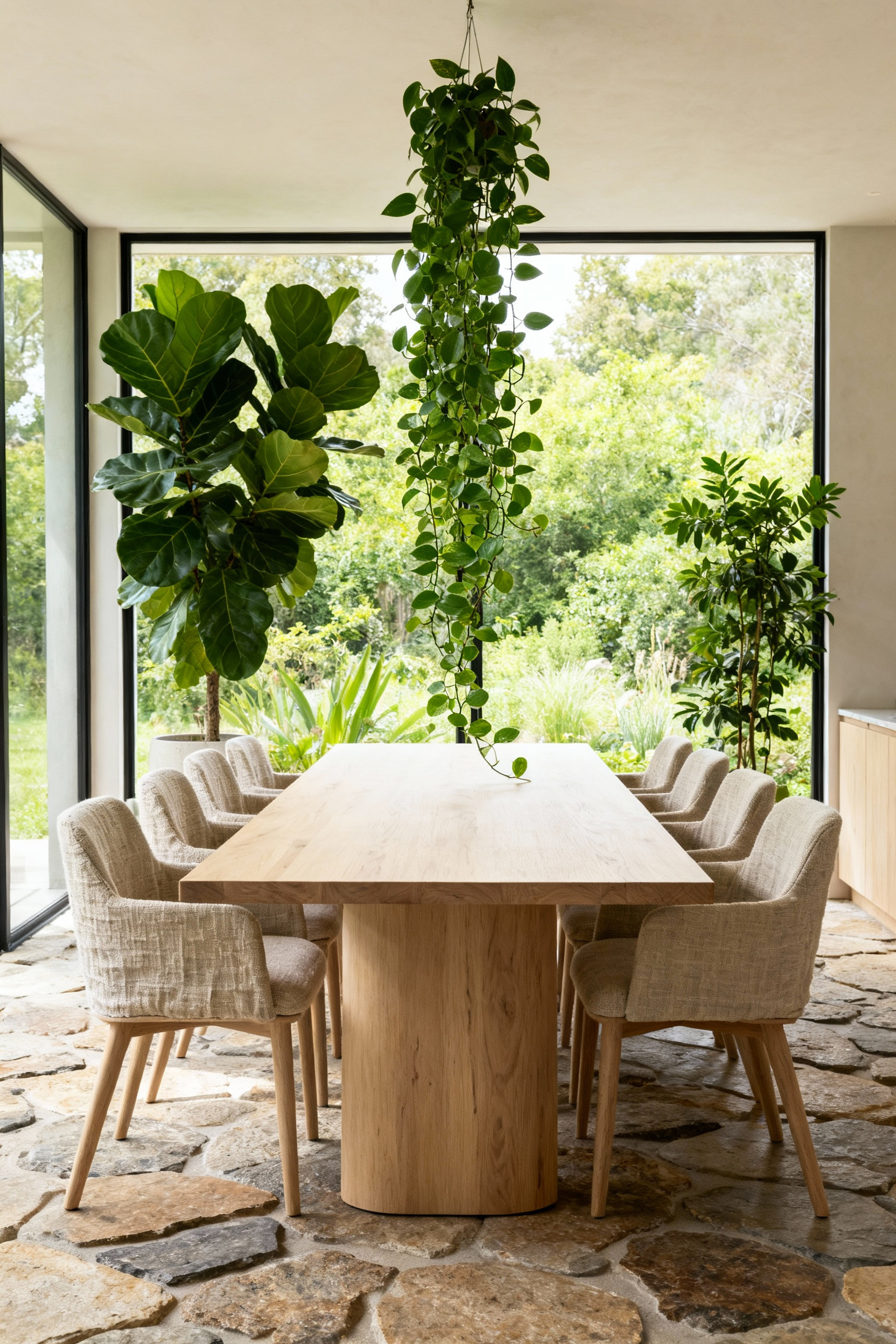 Nordic dining room with large windows, indoor plants, natural wood table, and soft natural light, illustrating biophilic design.