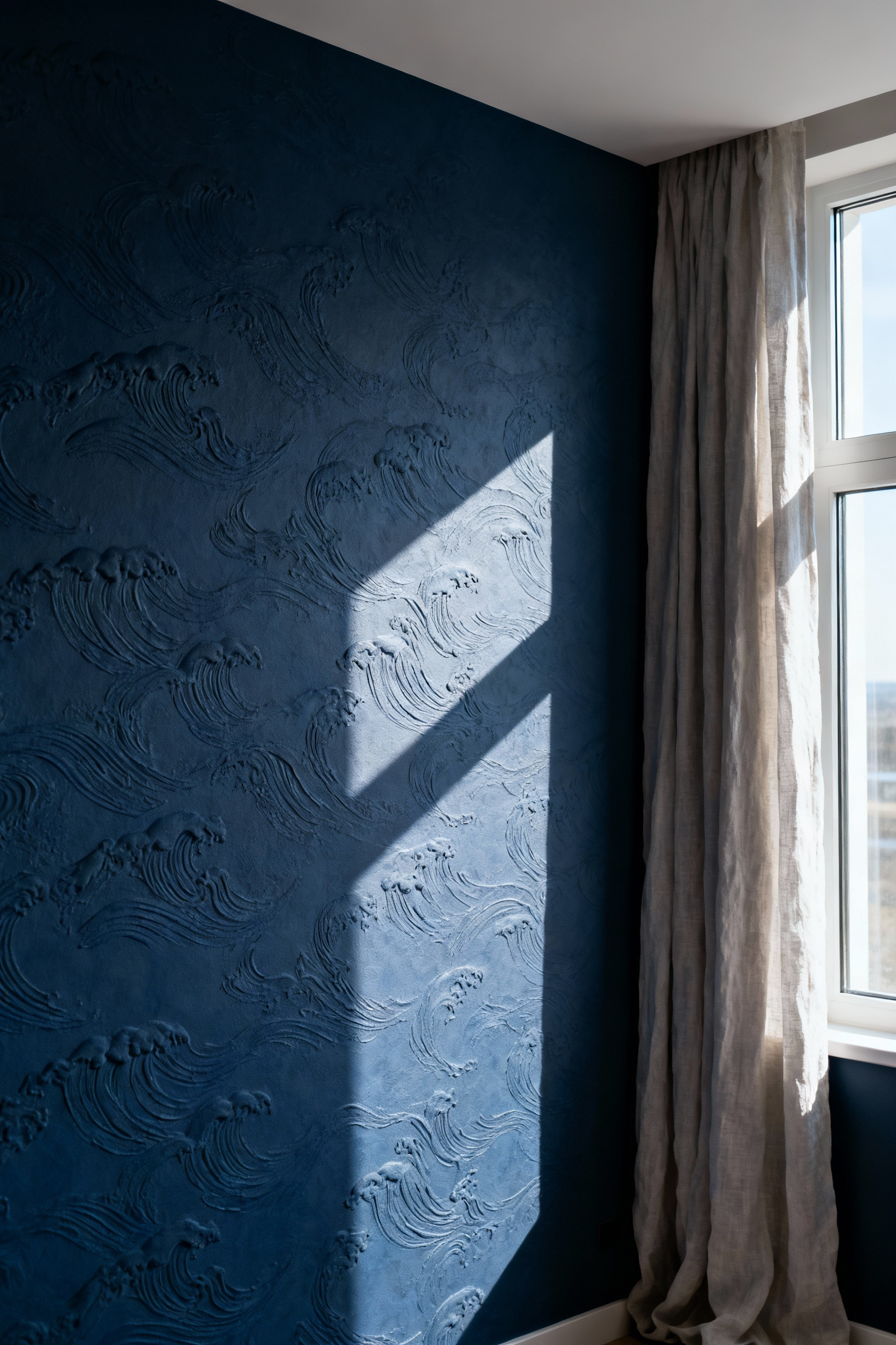Elegant master bedroom featuring a wall adorned with embossed wallpaper, showcasing subtle raised patterns creating depth and shadow play under soft ambient lighting, promoting a luxurious and serene atmosphere.