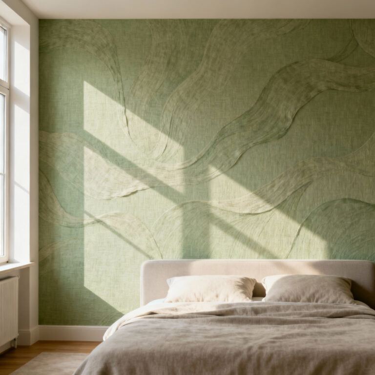 Master bedroom with soft sage green linen-blend wallpaper, subtle undulating pattern, serene, harmonious, natural light, restful.
