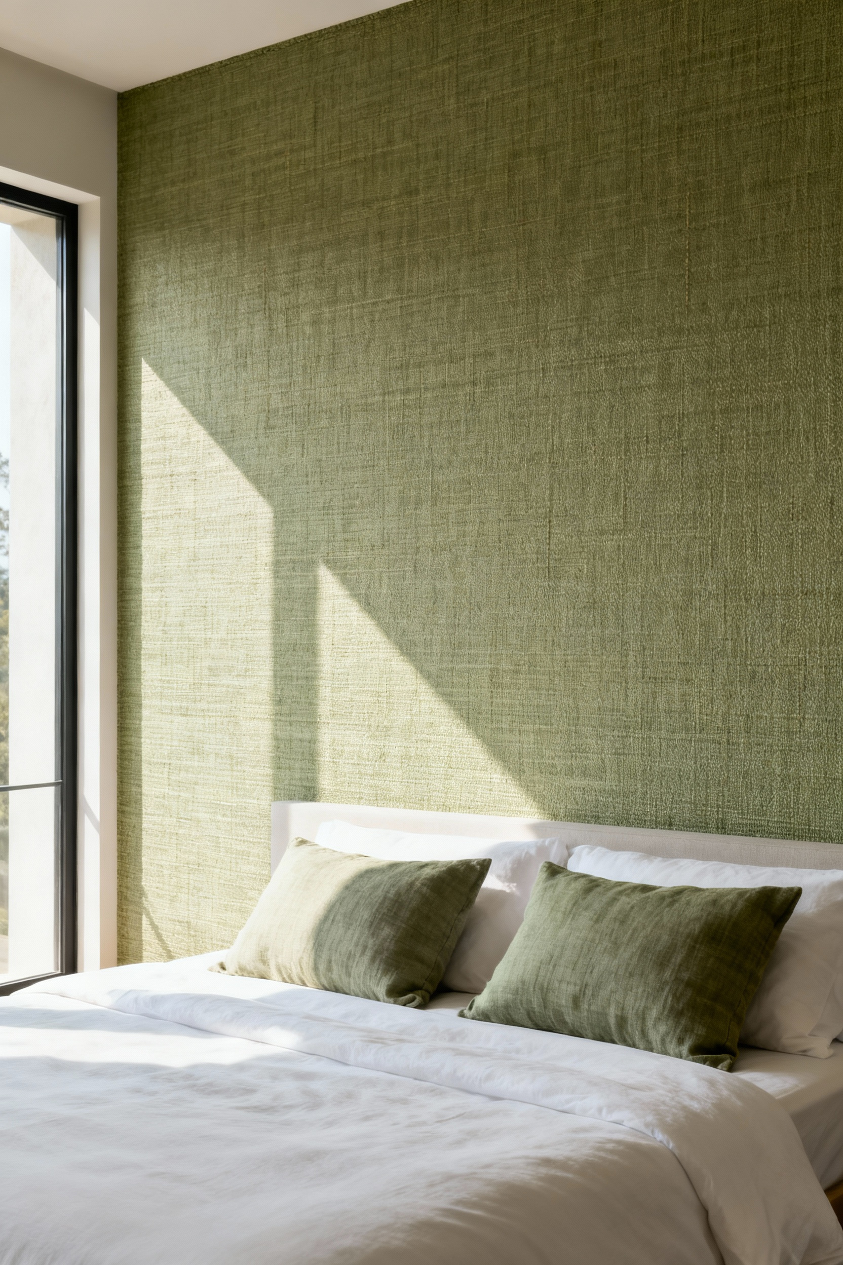 Master bedroom with a sage green abaca fiber textured wallpaper accent wall, bathed in soft, diffused natural light, promoting a serene and tranquil atmosphere.