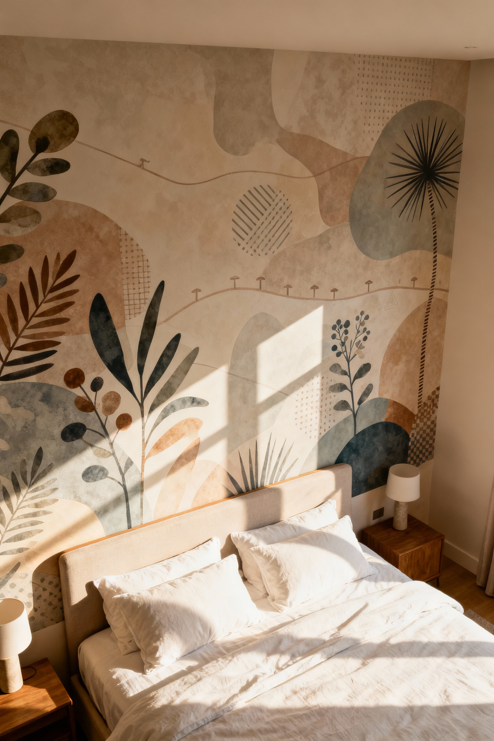 Serene master bedroom with personalized wallpaper incorporating biographical elements under soft natural light.