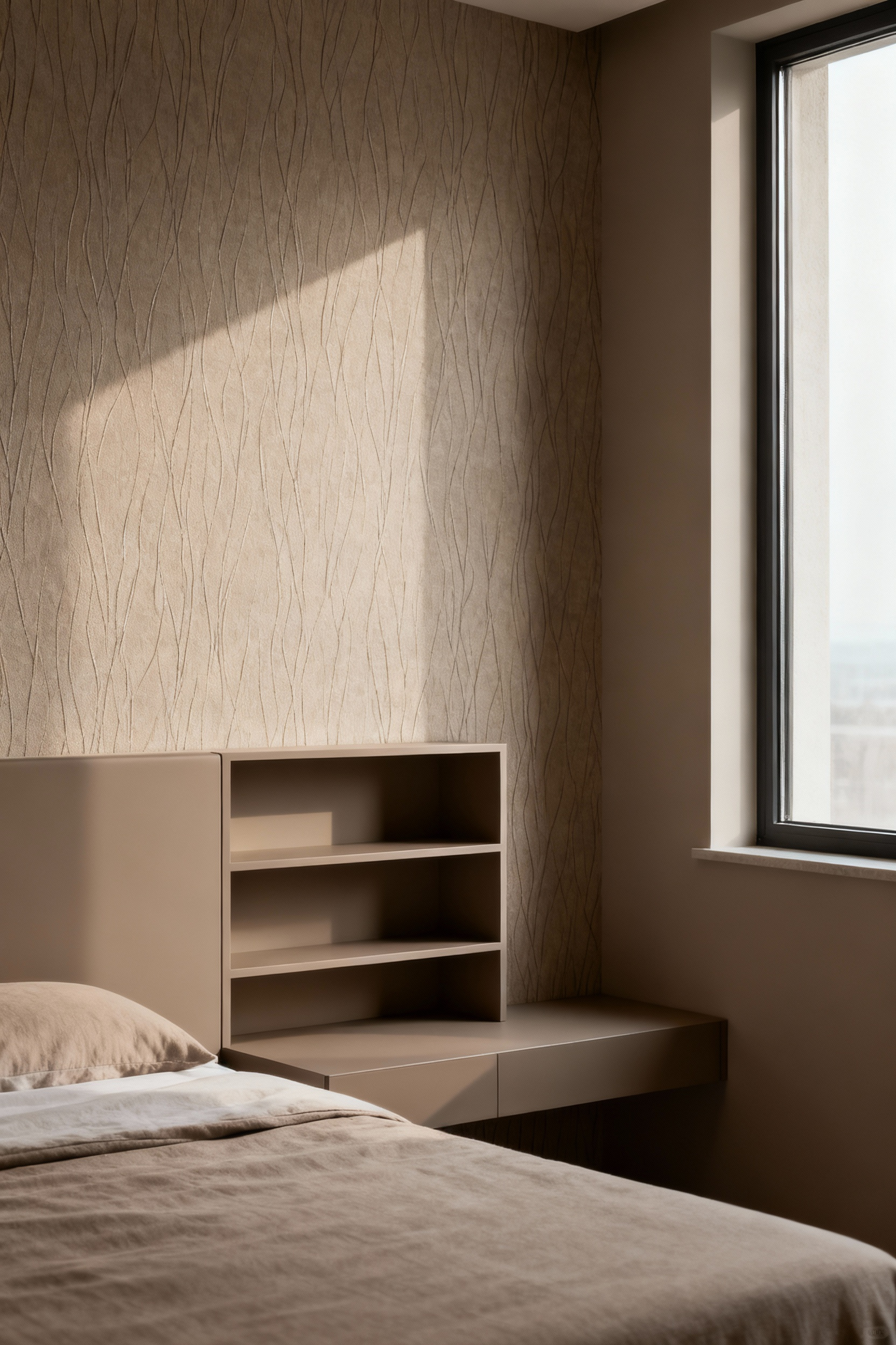 Modern master bedroom with subtly patterned wallpaper extending architectural lines, floating headboard, soft natural light, serene interior design.