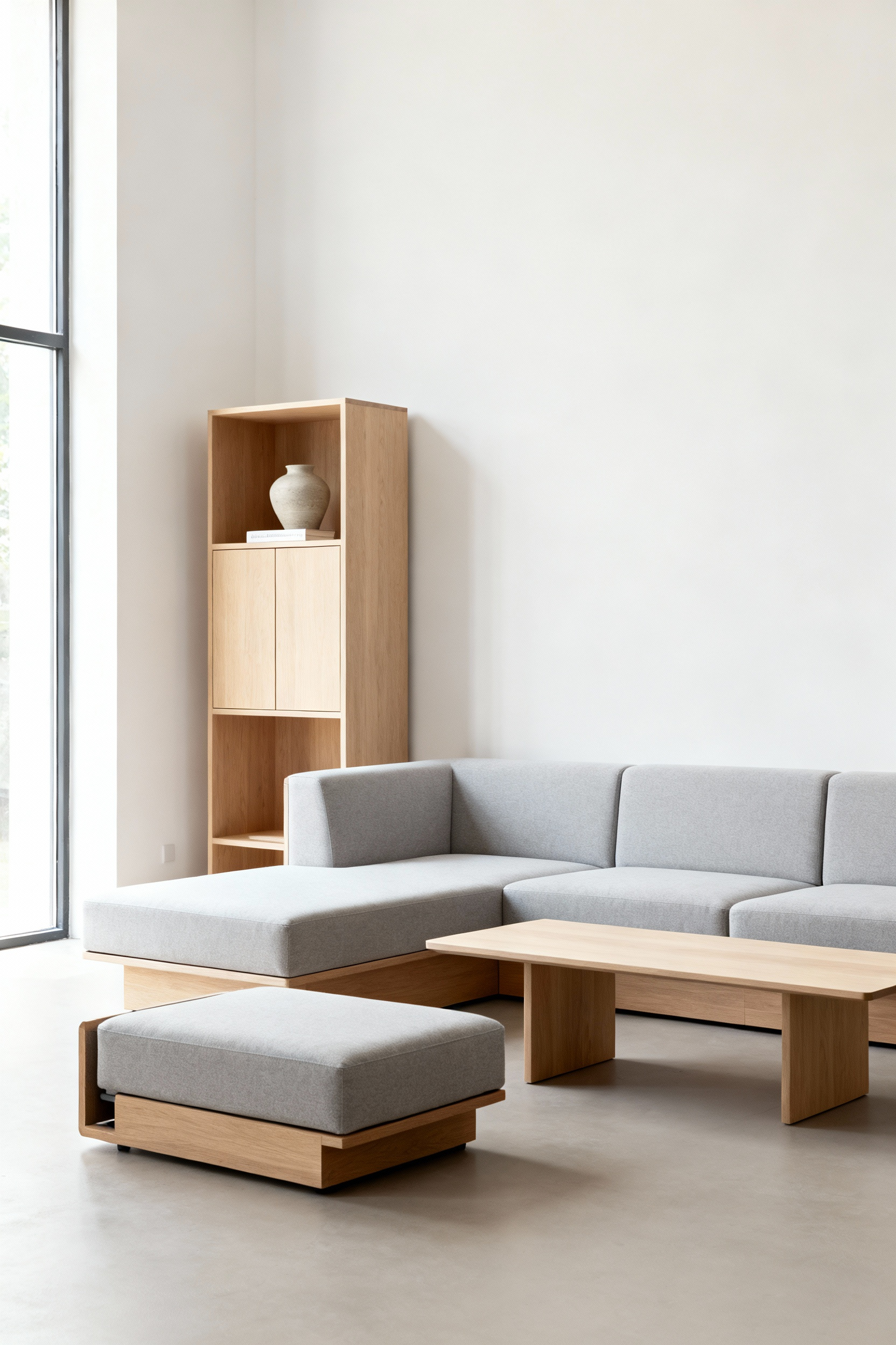 Scandinavian living room with adaptable gray modular sofa, demonstrating versatility and flexible layout.