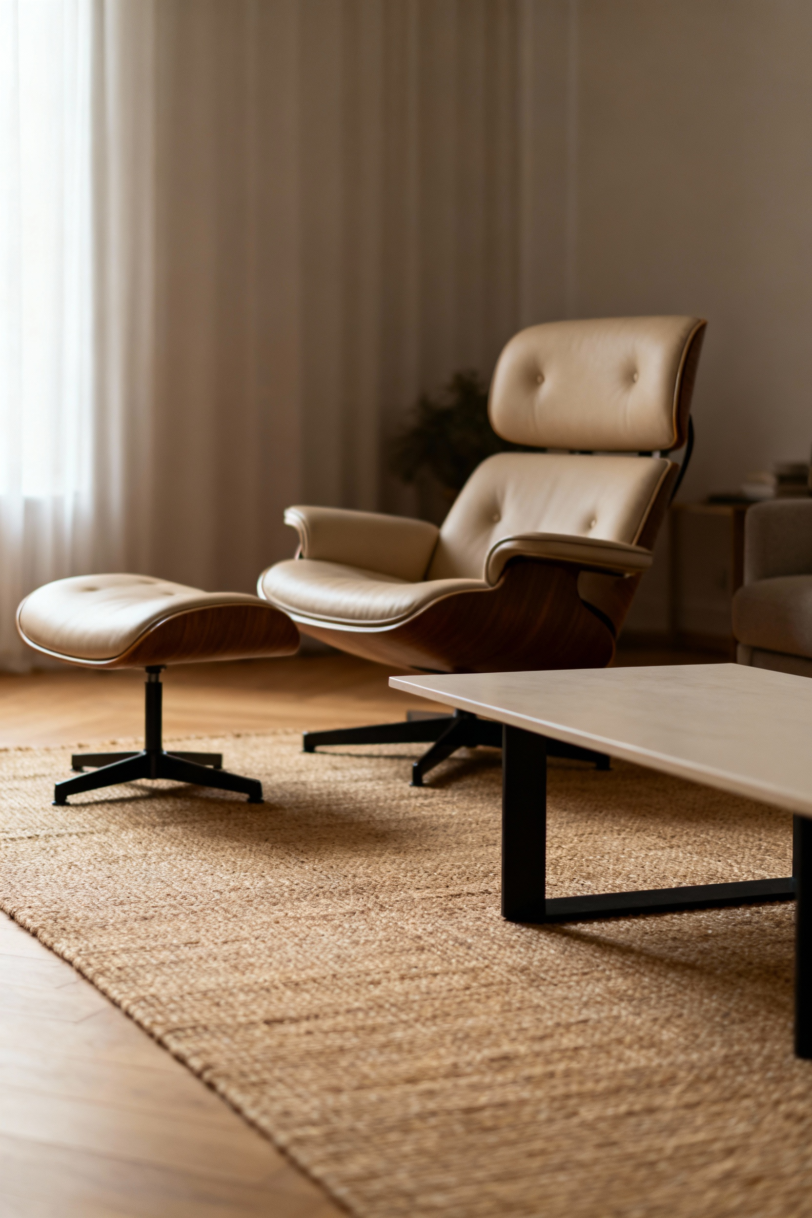 A serene living room featuring iconic Eamesian furniture like a sculptural lounge chair and a minimalist coffee table, embodying functional design and aesthetic harmony.