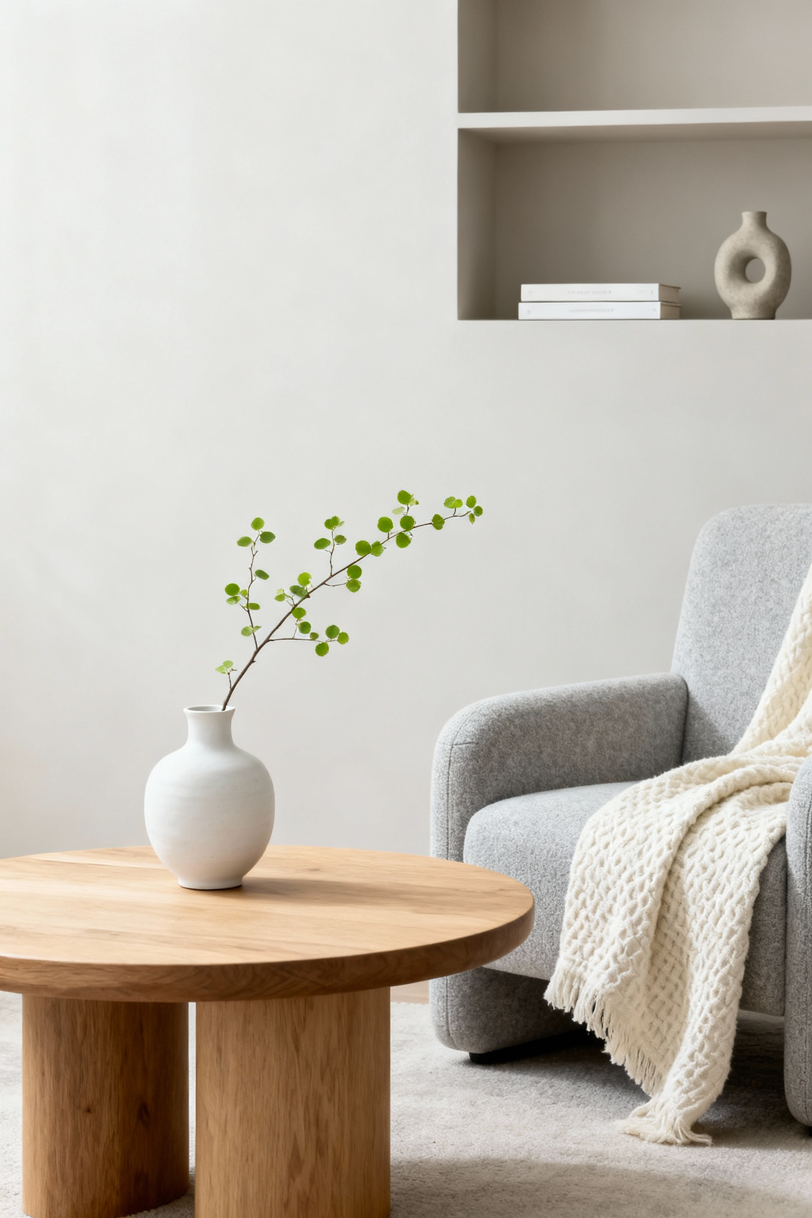 A pristine, serene Scandinavian living room featuring a cozy light grey armchair, a minimalist oak coffee table with a single ceramic vase holding a delicate sprig, and a subtly curated bookshelf, emphasizing mindful decor and deliberate editing for calm spaces.