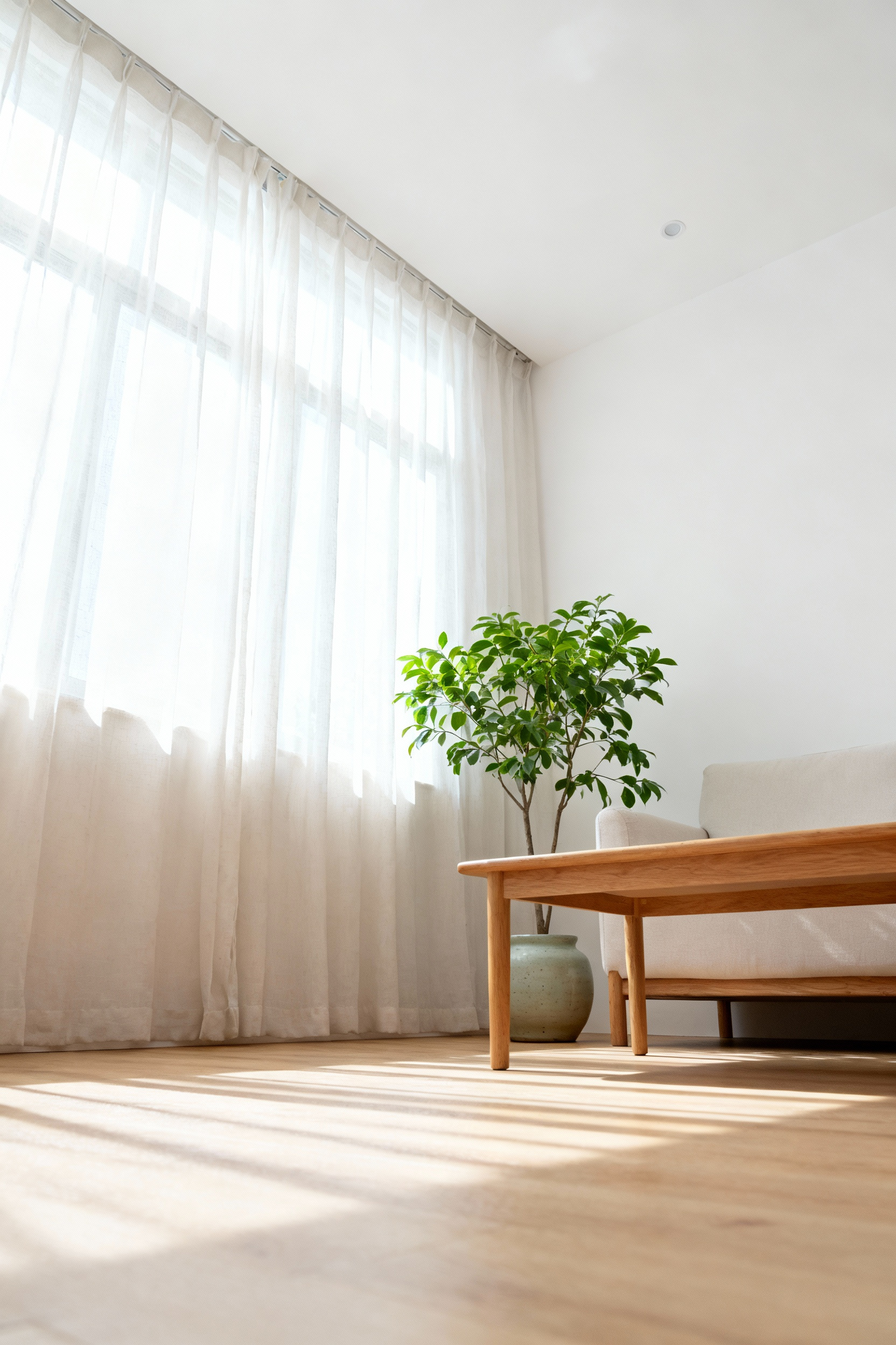 A minimalist Scandinavian living room with large windows, sheer white curtains, and abundant natural light. Light wood flooring and simple furniture emphasize daylight optimization and natural illumination.