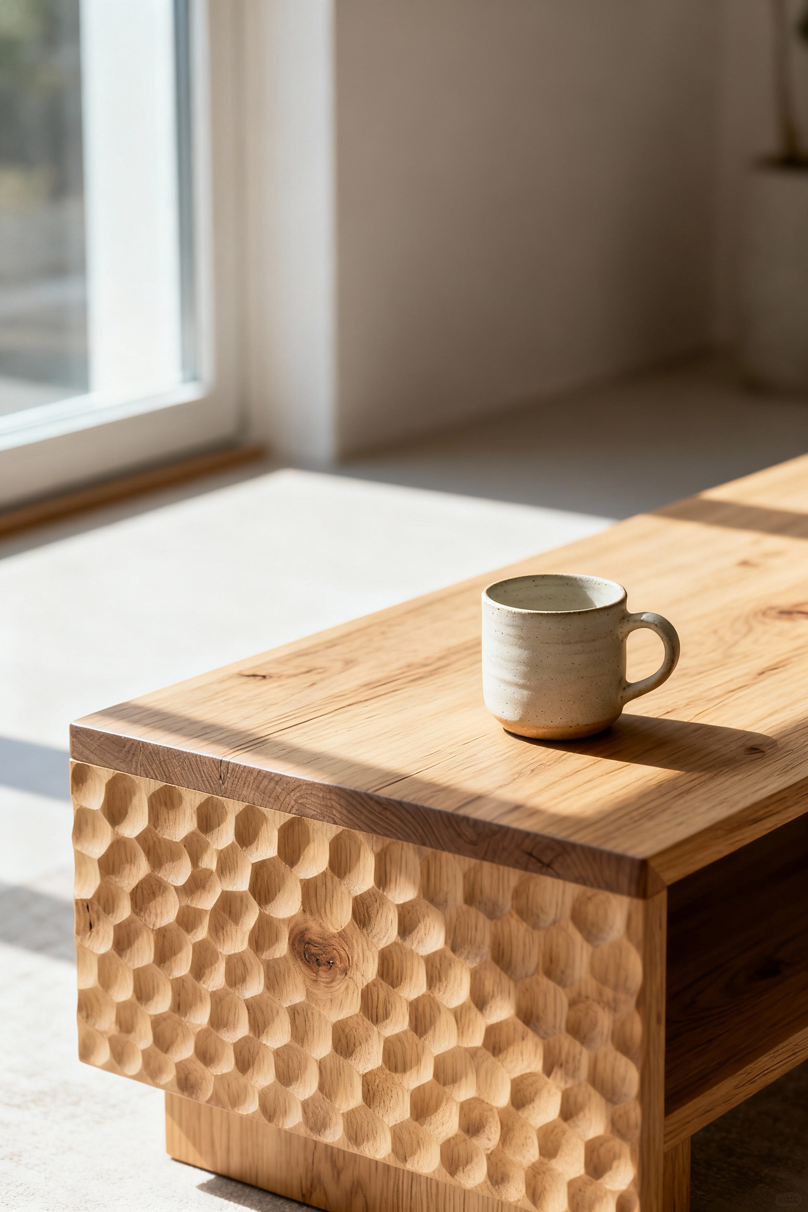 Scandinavian living room with an ash wood coffee table displaying prominent unfinished wood grain, soft lighting, minimalist decor.