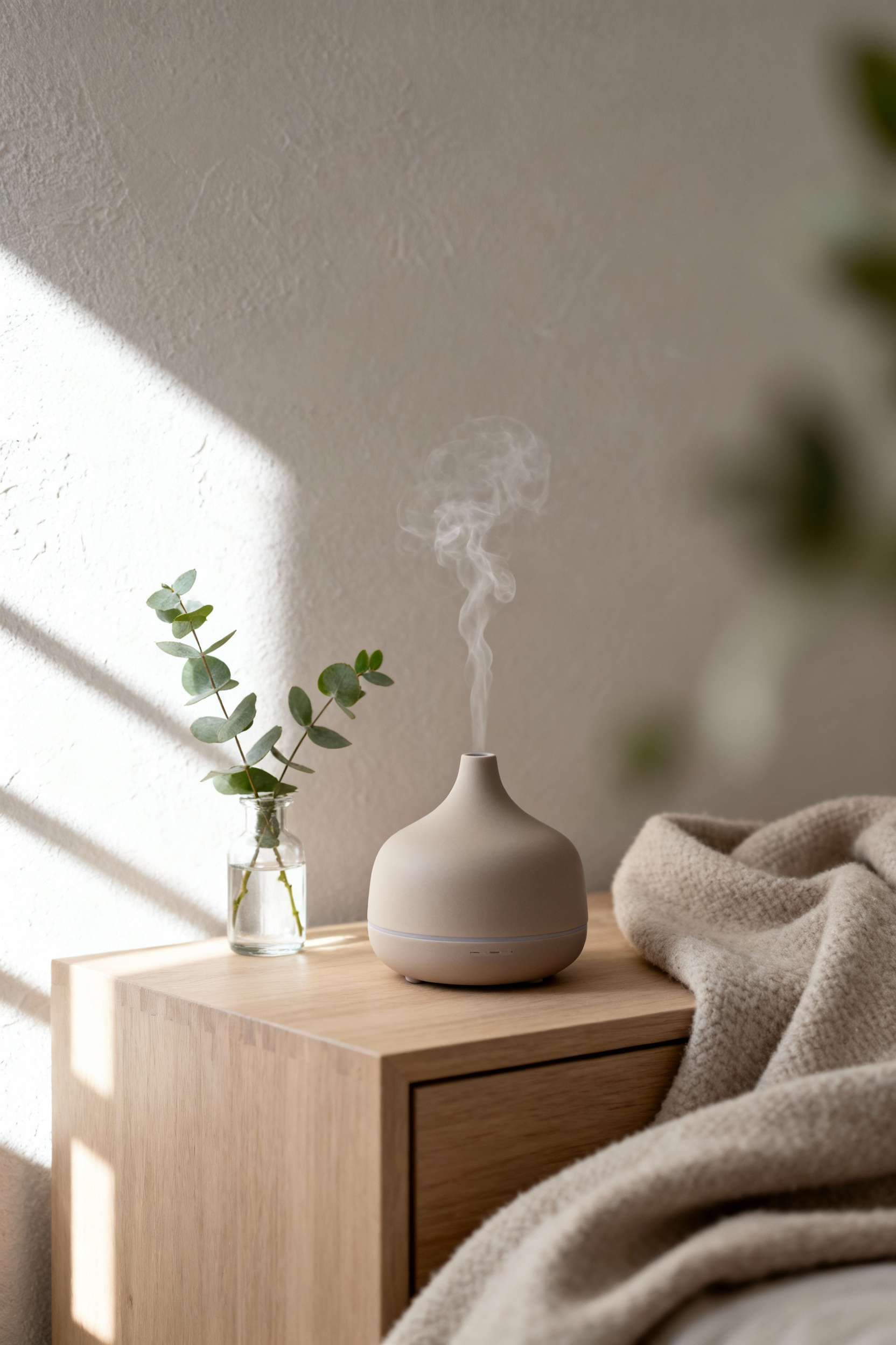 A minimalist Scandinavian living room with an elegant ceramic essential oil diffuser and fresh eucalyptus sprig on a light wood table, creating natural olfactory ambiance.
