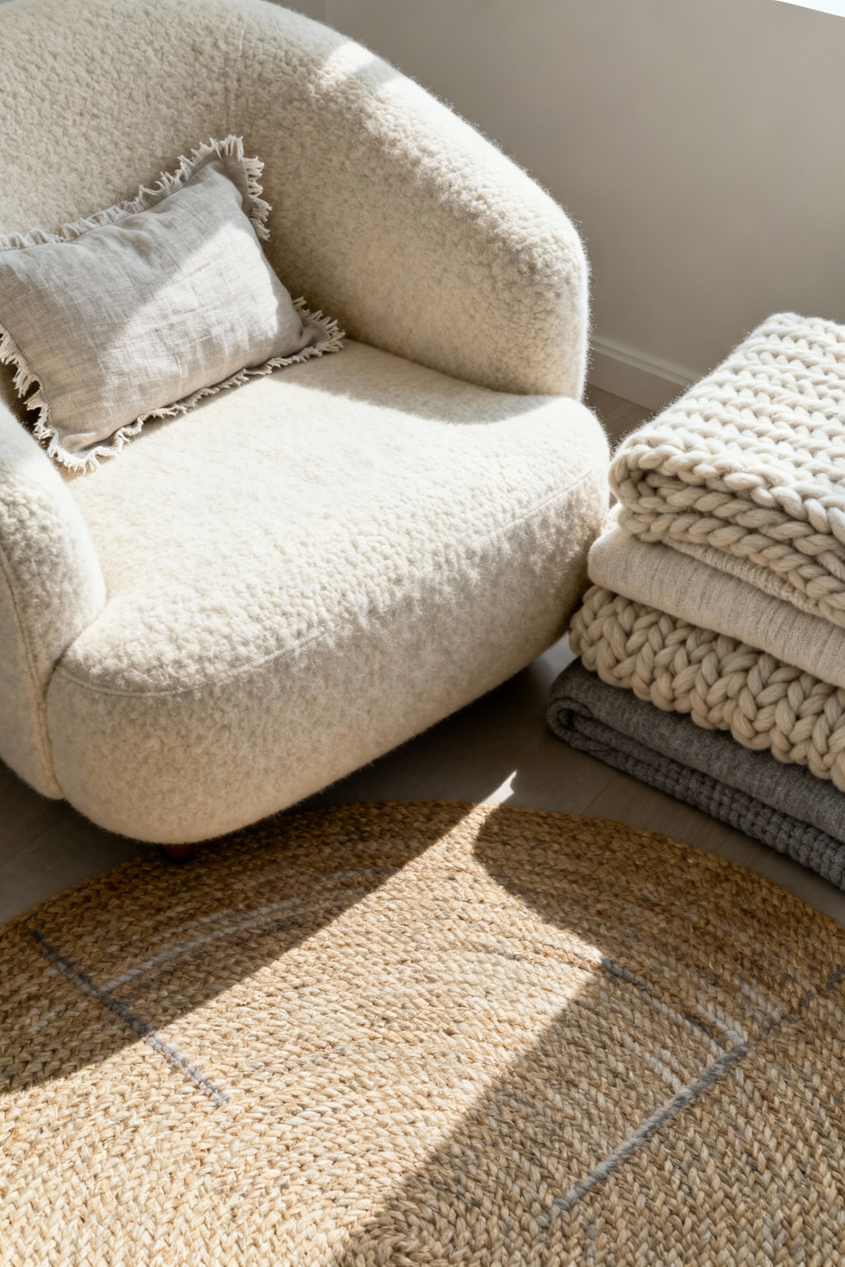 A cozy Scandinavian living room corner showcasing layered organic textiles, including a wool armchair, knit throws, linen cushions, and a jute rug, under soft natural light.