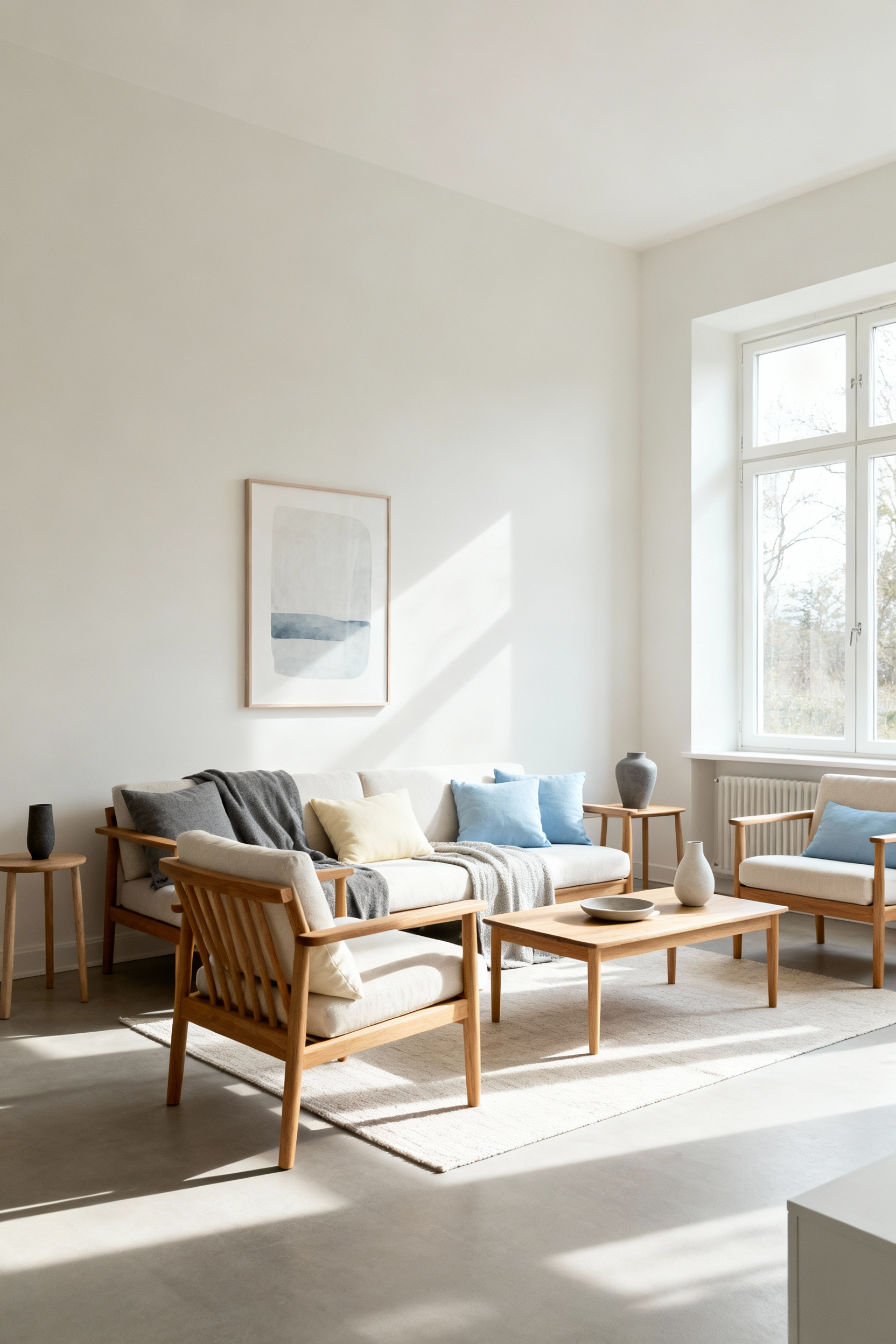 A perfectly balanced living room scene designed with Lagom principles, featuring a harmonious arrangement of furniture and decor in muted tones, ample negative space, and soft natural light, conveying optimal visual equilibrium and tranquility.