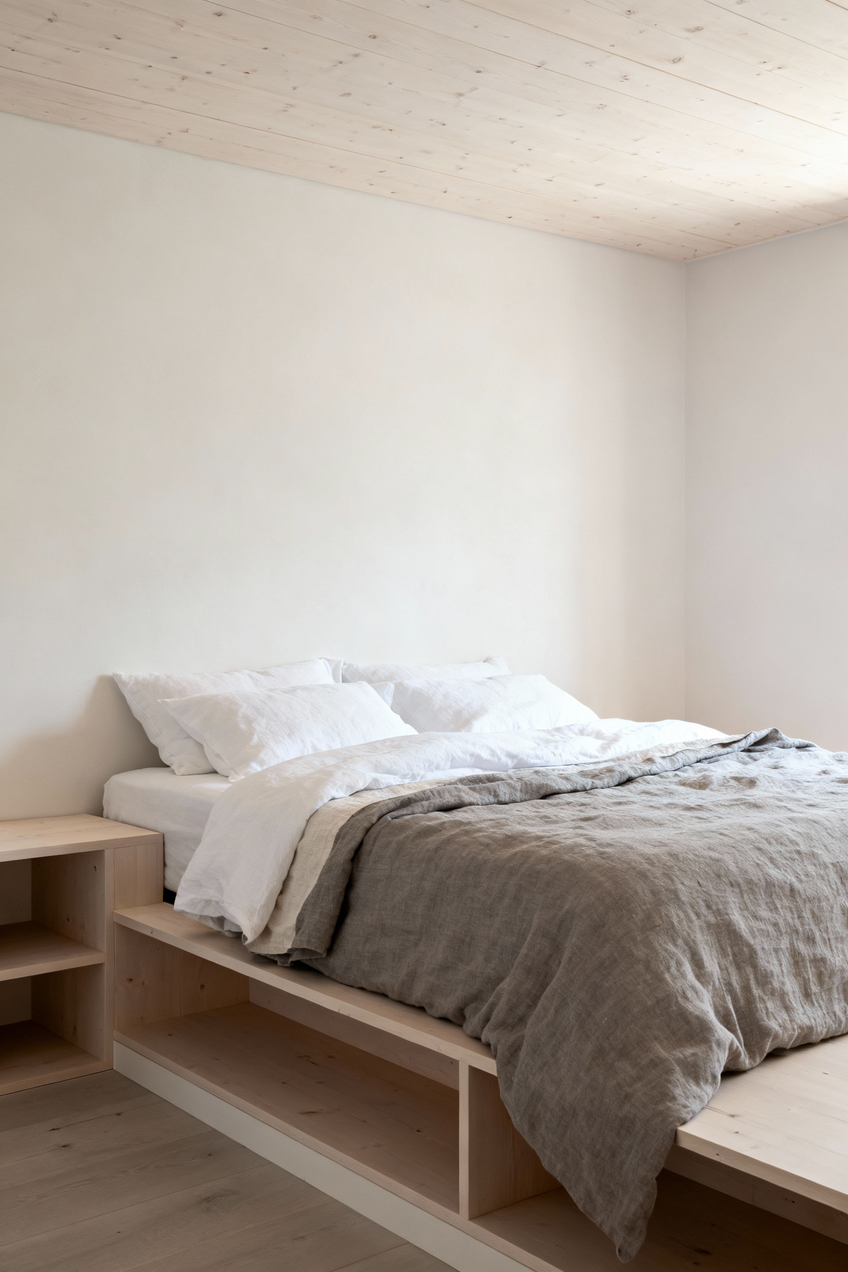 Minimalist Scandinavian farmhouse bedroom prioritizing function with clean lines, natural textures, integrated storage, and diffused natural light.