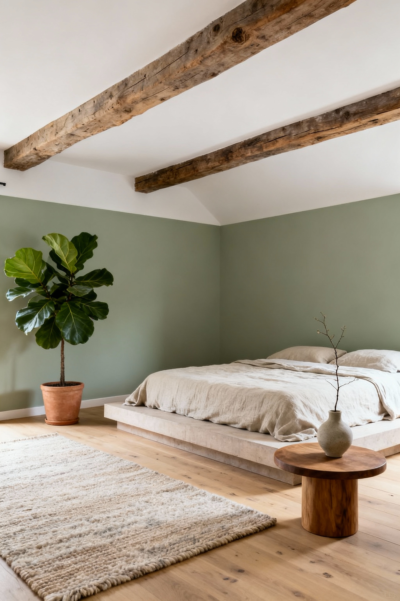A serene Scandinavian farmhouse bedroom showcasing biophilic design with abundant natural light, a large indoor plant, raw wooden beams, linen textiles, and subtle green accents, fostering a deep connection to nature.