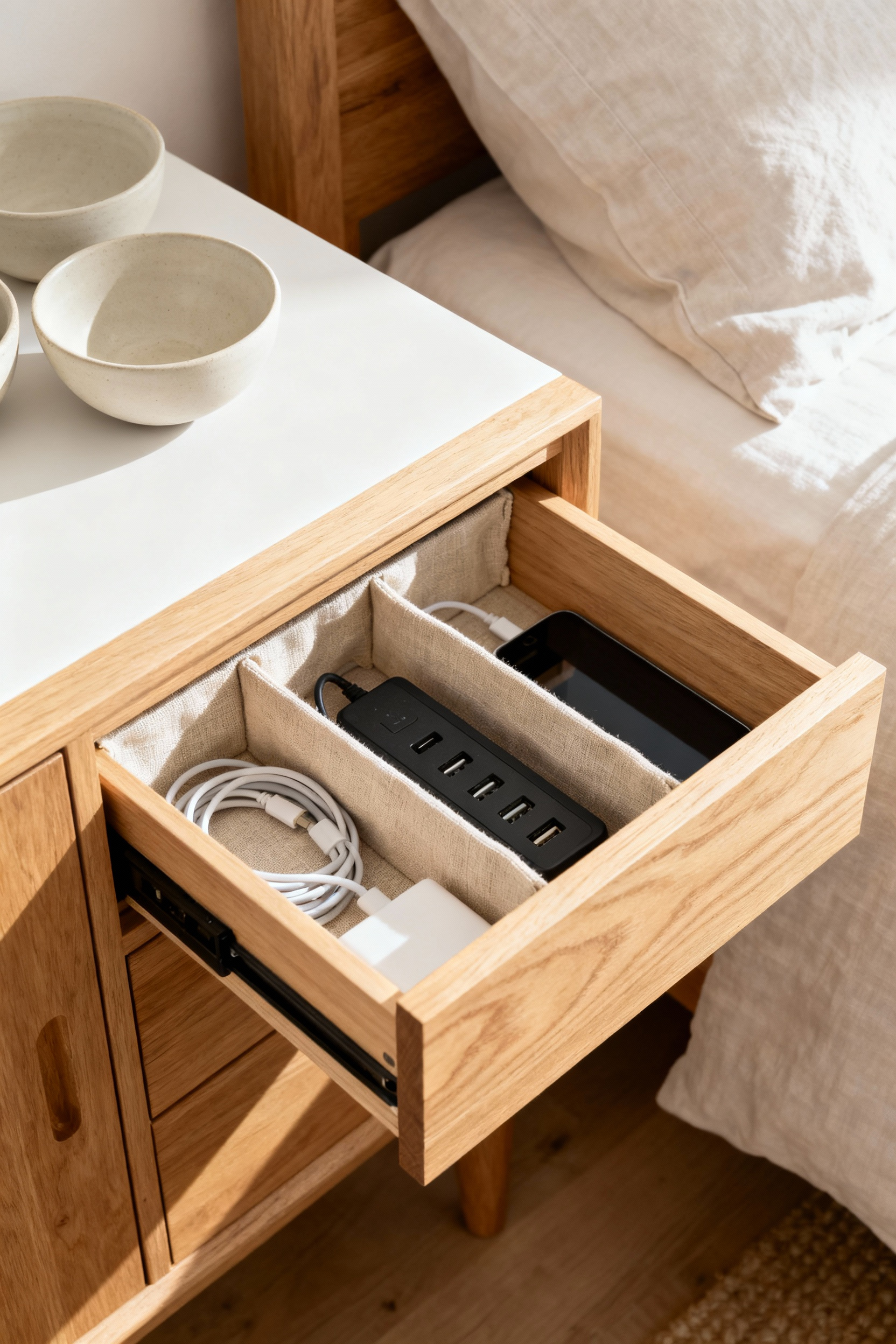 A serene farmhouse bedroom scene featuring a minimalist wooden bedside cabinet with a deep drawer partially open, revealing a hidden mindful charging station with organized cables and linen dividers. The image emphasizes digital detoxification and calm.