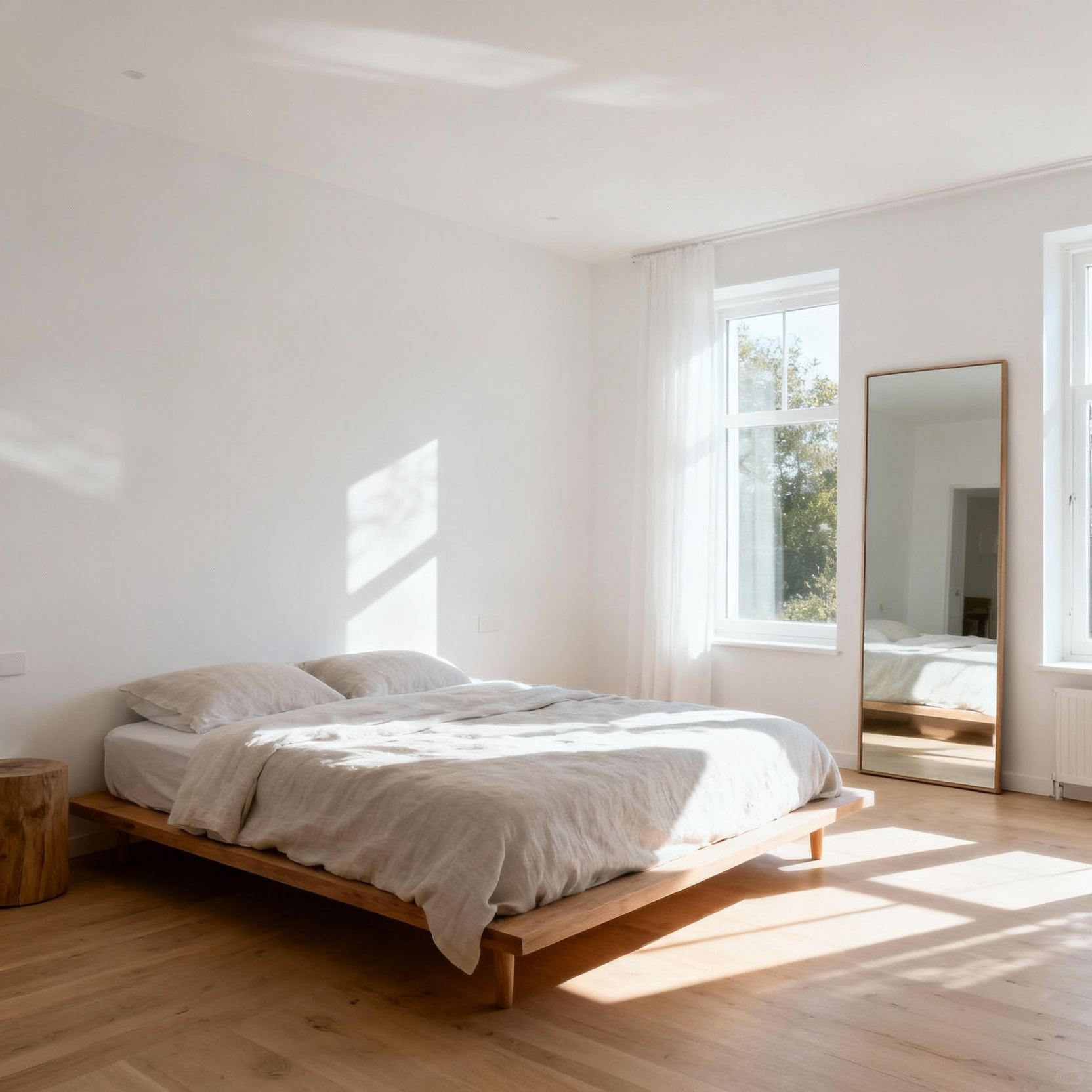 A bright, naturally lit Scandinavian farmhouse bedroom featuring large windows, sheer retracted blinds, white walls, light wood furniture, and a large mirror reflecting sunlight. The room is clean, serene, and designed for optimal natural illumination.
