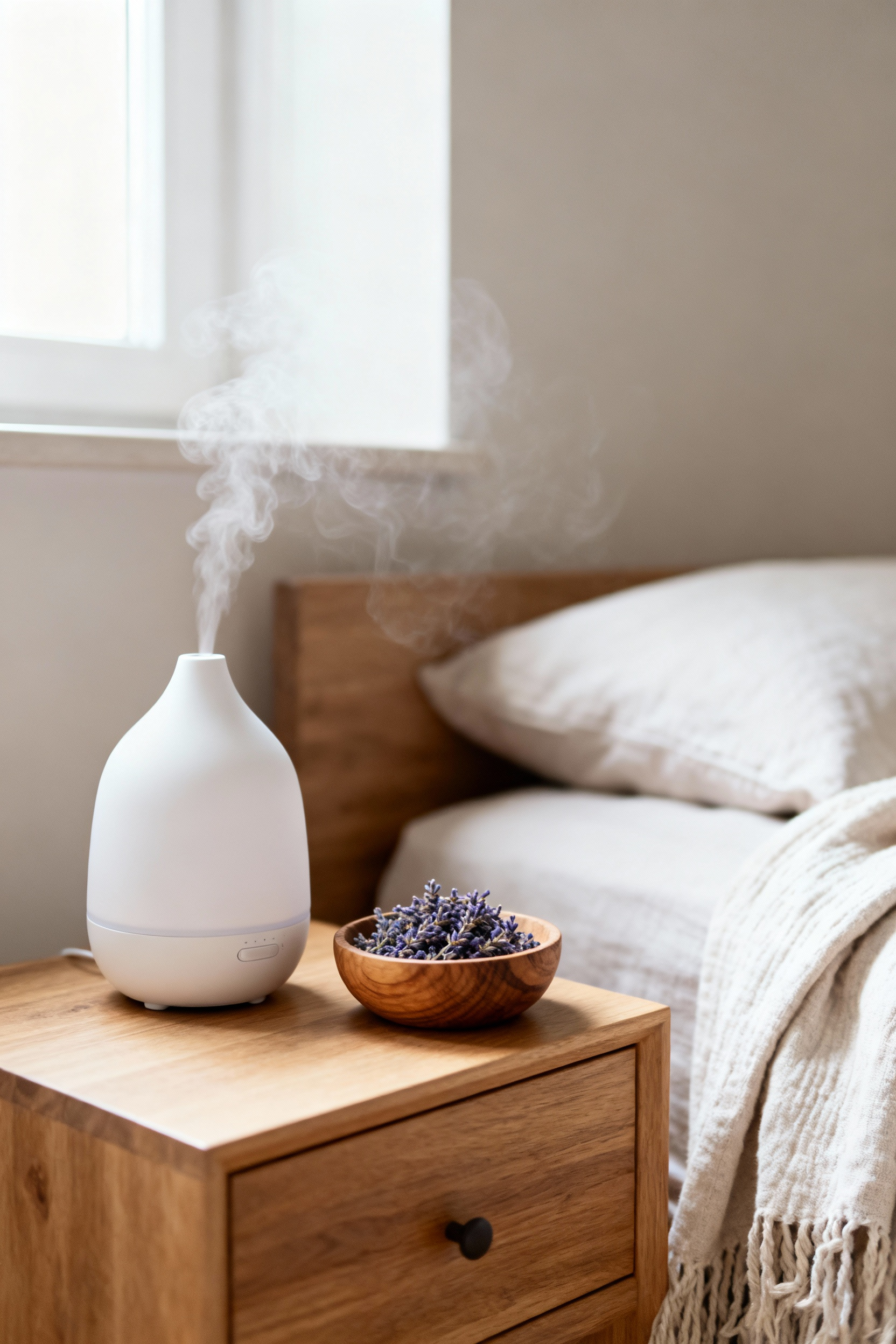 A close-up portrait shot of a Scandinavian farmhouse bedroom nightstand featuring a white ceramic essential oil diffuser and a wooden bowl of dried lavender, exuding a calm and inviting natural scent.