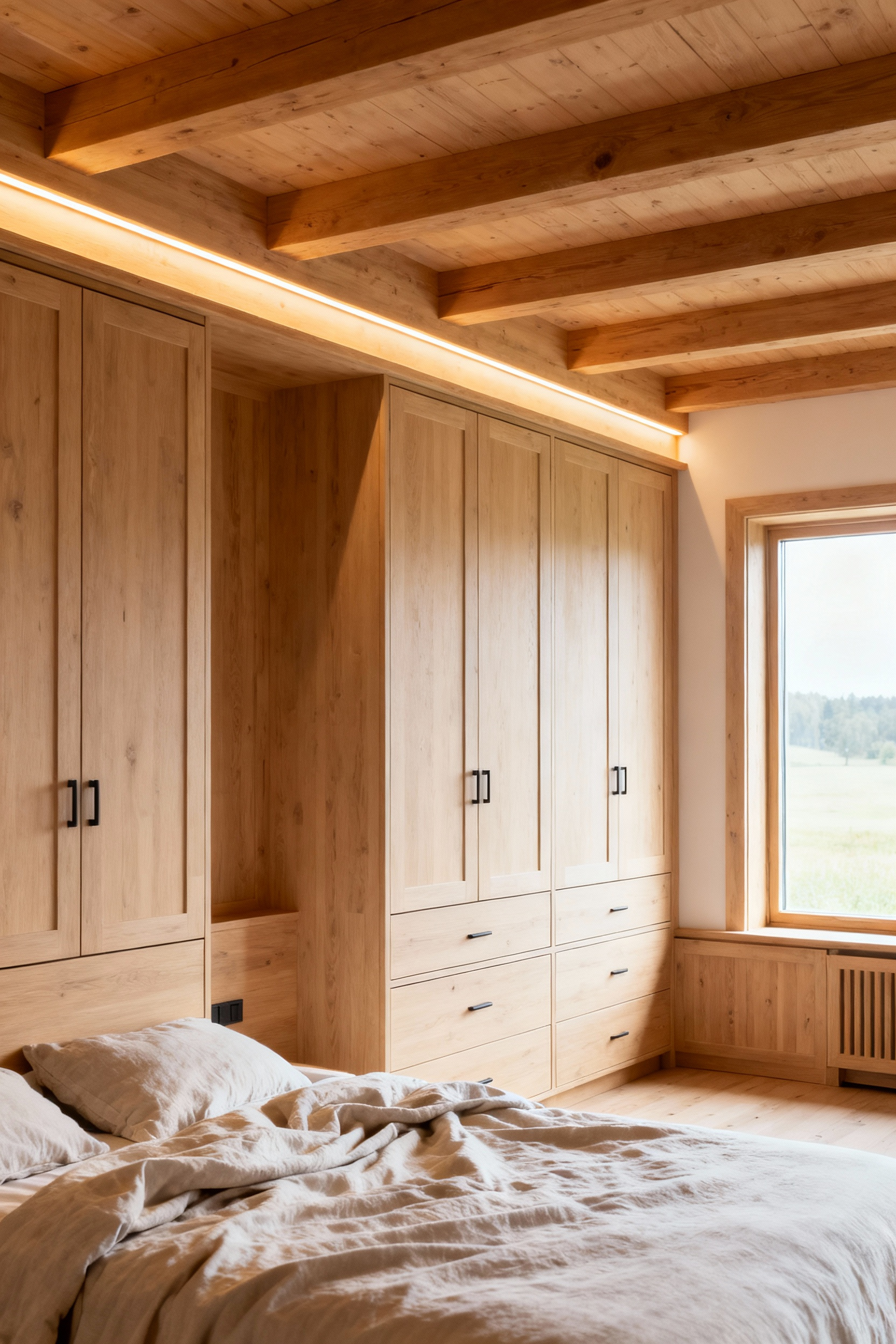 Scandinavian farmhouse bedroom with floor-to-ceiling light wood integrated built-in storage, enhancing streamlined utility.