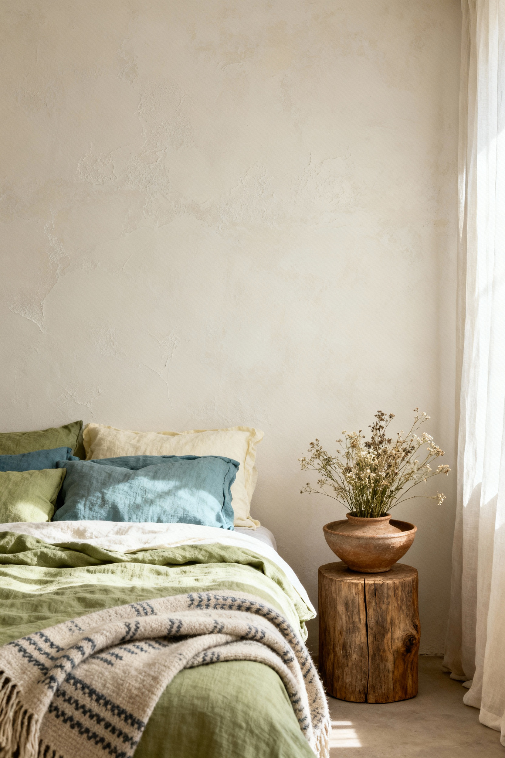Scandinavian farmhouse bedroom with muted natural color palette, layered organic linen bedding in moss green and cream, unlacquered wood, and earthy ceramic details, under soft natural light.