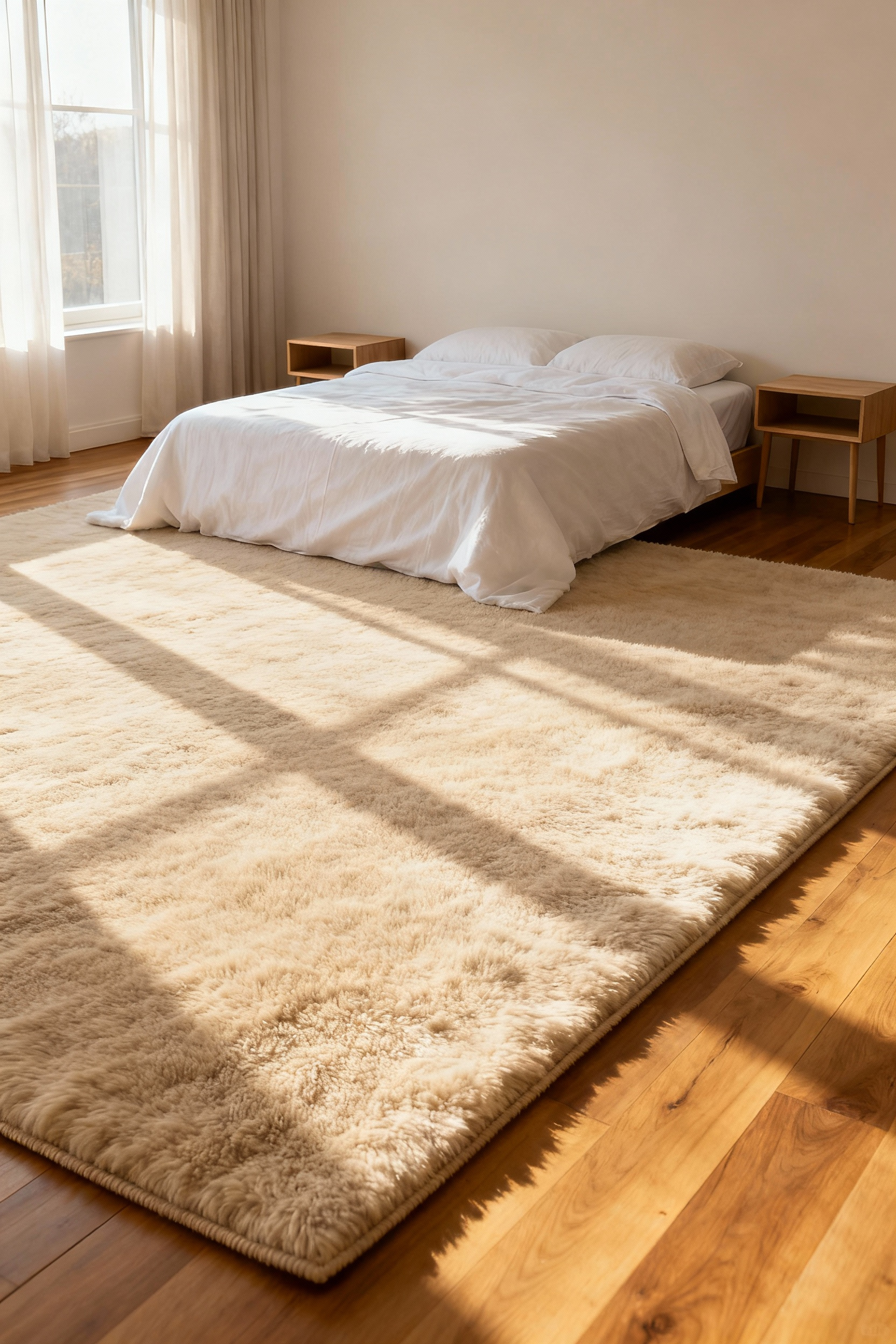 Expansive natural wool area rug in a Scandinavian farmhouse bedroom, defining the sleeping zone with a large bed and two nightstands, enhancing comfort and acoustic appeal.