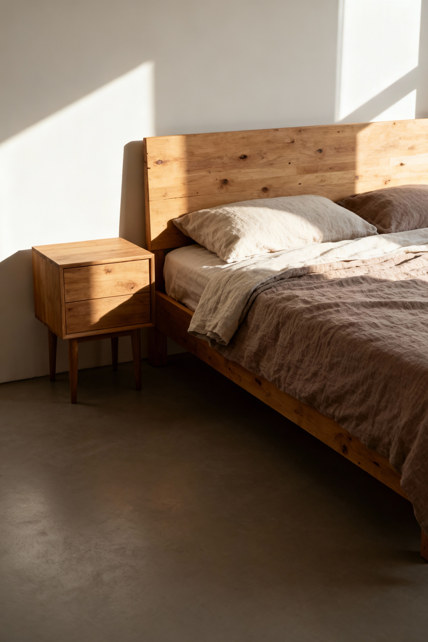 Scandinavian farmhouse bedroom with unfinished wood grain bed frame and nightstand, showcasing organic warmth and natural textures under soft lighting.