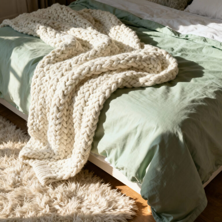A detailed, portrait-oriented photo showcasing a bed styled with diverse, plush hygge bedroom textiles. Features include a thick, creamy chunky knit throw, smooth light green organic cotton sheets, and a glimpse of a shaggy white area rug, all illuminated by soft natural light to highlight their inviting textures.