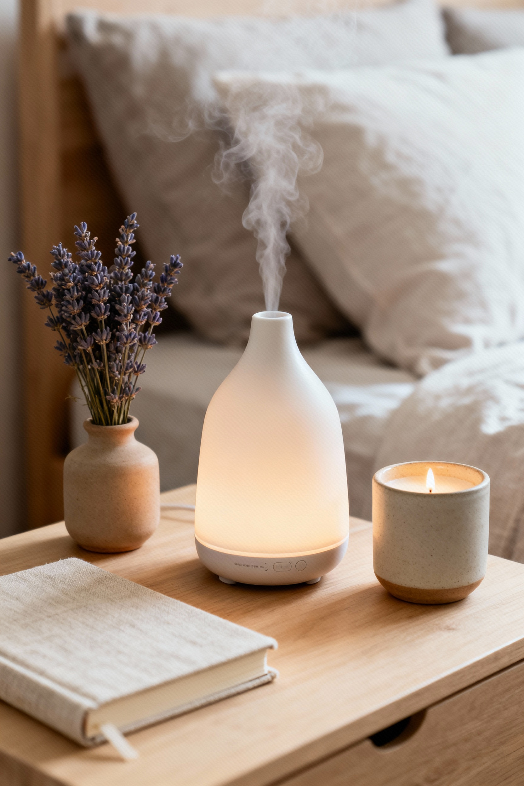 Aromatic comfort in a cozy bedroom with an essential oil diffuser, dried lavender, and a soft candle on a wooden nightstand, bathed in natural light.