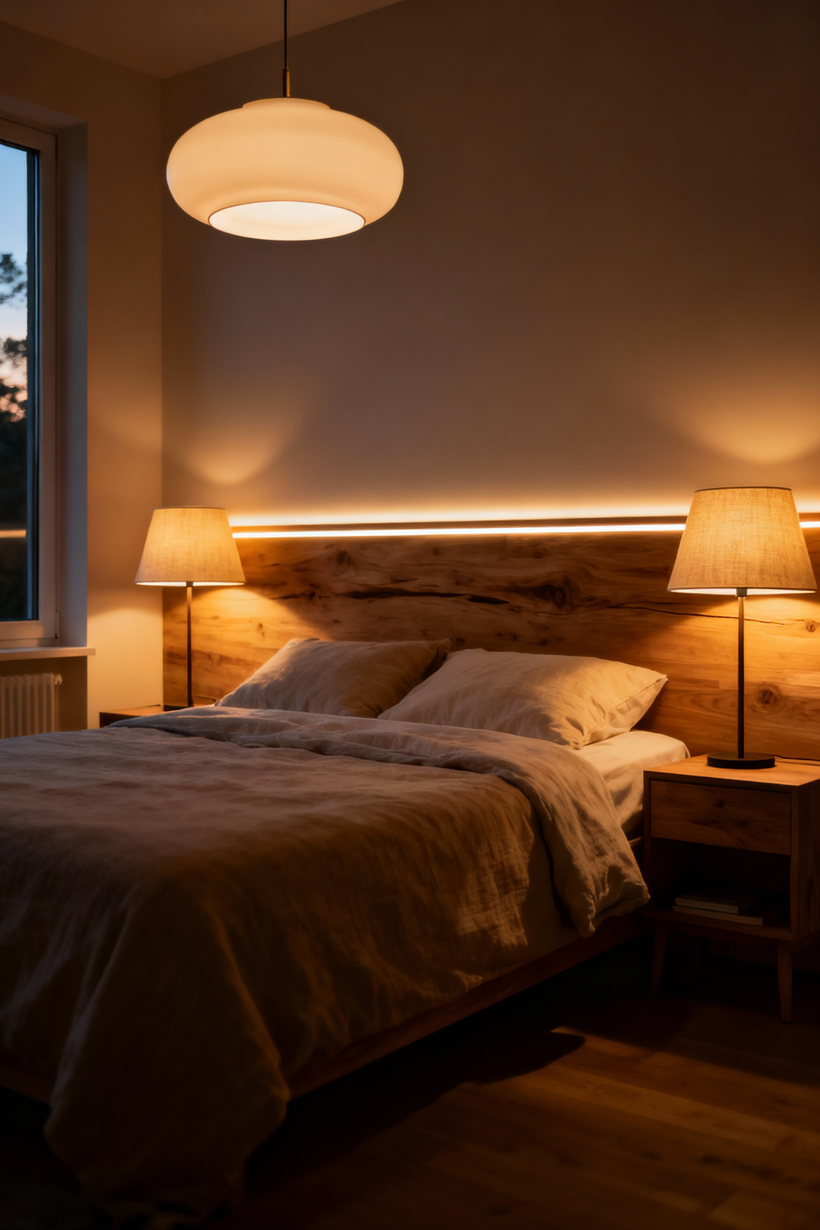 A Hygge-inspired bedroom with layered warm, dimmable lighting, including an overhead fixture, bedside lamps, and accent LEDs, creating a cozy and serene ambiance.