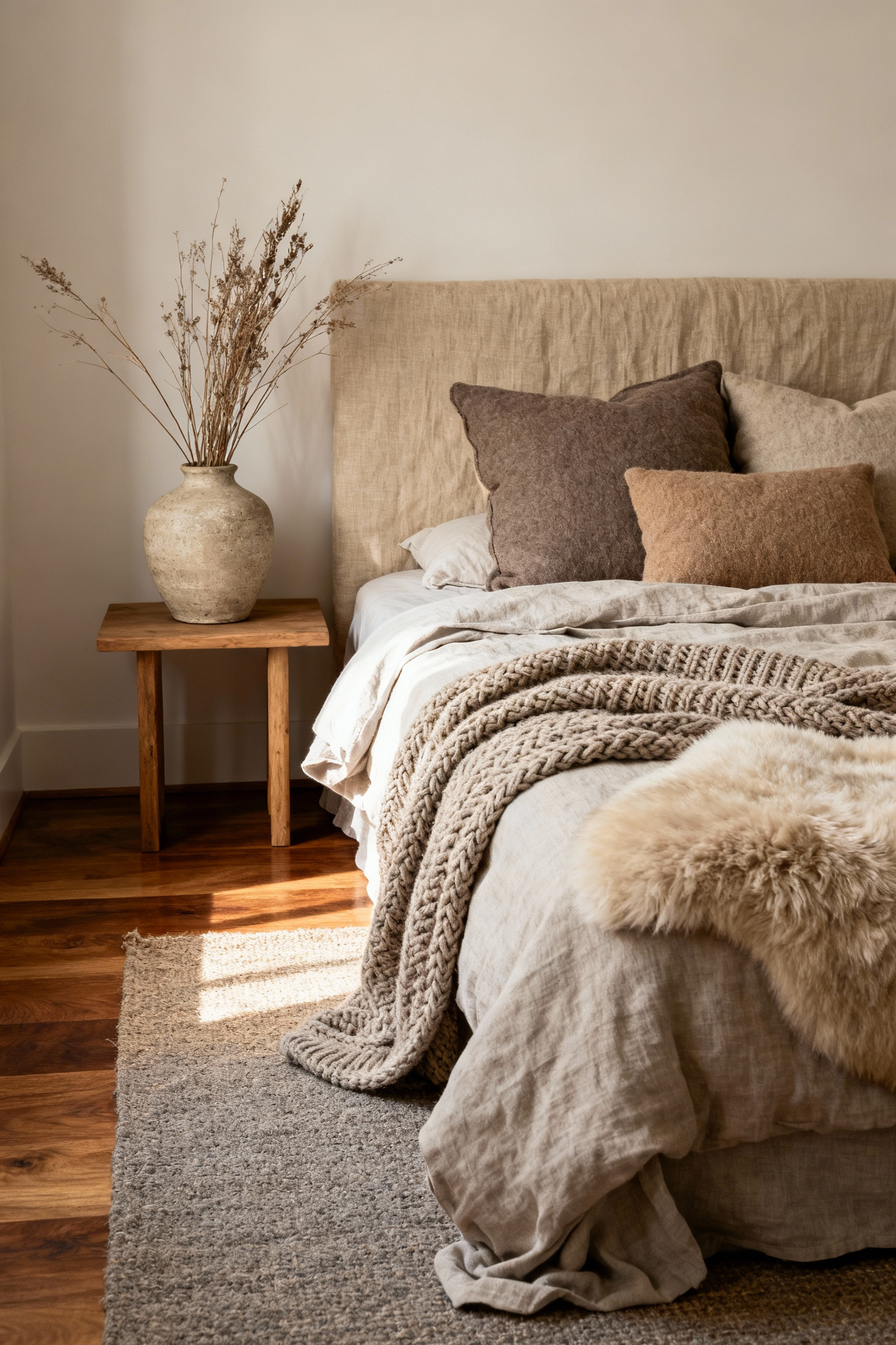 A cozy bedroom interior featuring a layered bed with linen sheets, a chunky wool knit blanket, and shearling throw, surrounded by natural wood and ceramic textures, bathed in soft morning light.