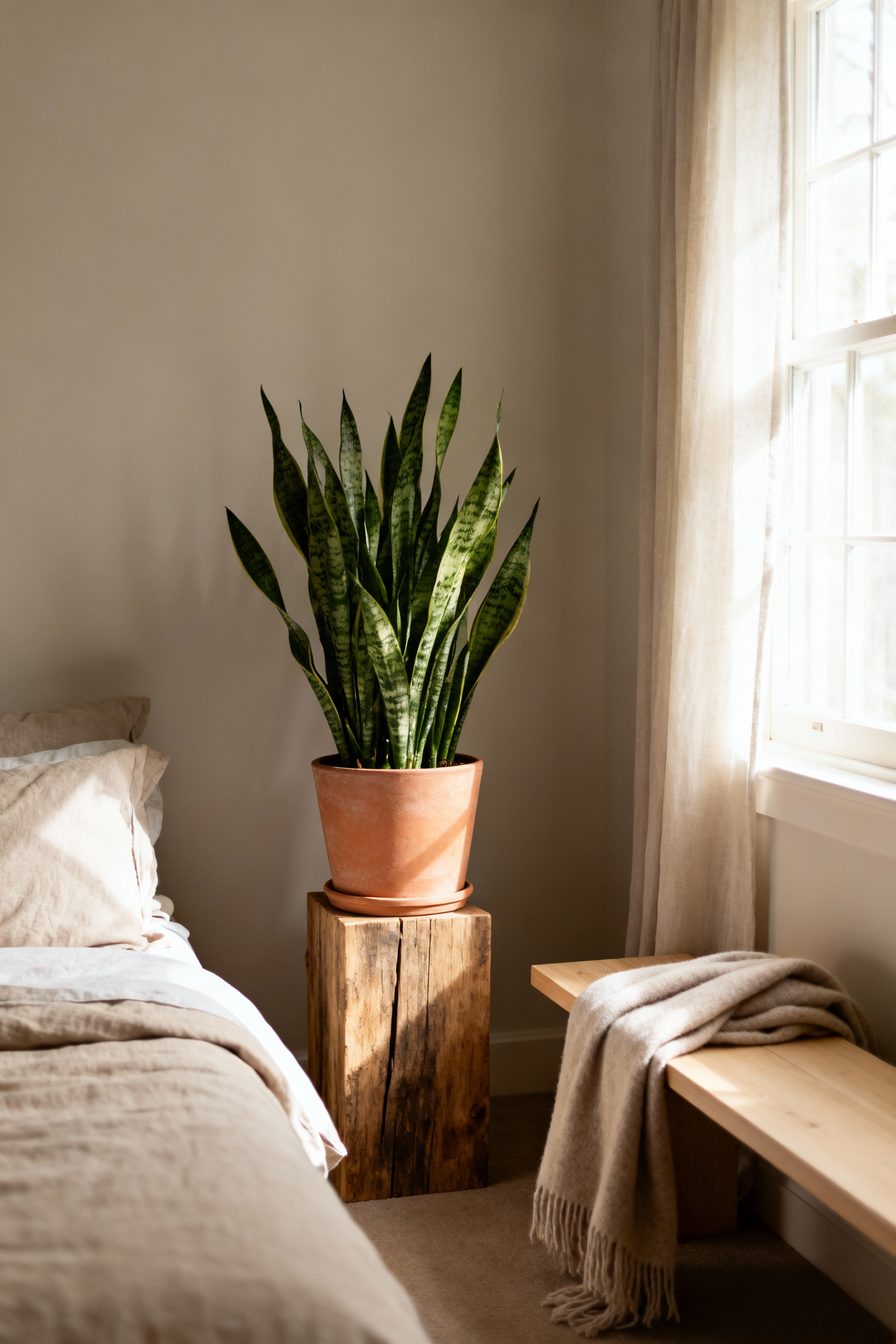 A strategically placed Snake Plant in a terracotta pot in a cozy, Hygge-inspired bedroom, illustrating tranquil greenery.