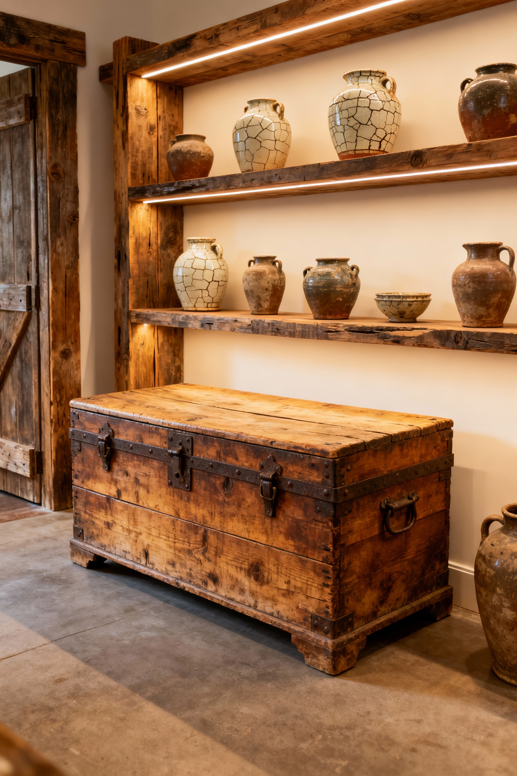 A rustic living room featuring a vintage pine blanket chest with rich patina and reclaimed oak shelves displaying heirloom pottery, representing ancestral artifacts and historical depth in home decor.