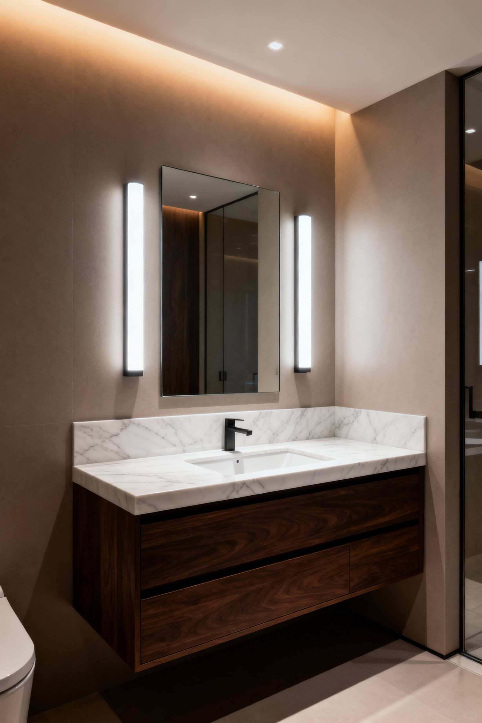 Detailed architectural view of a modern bathroom vanity featuring high CRI neutral white LED sconces flanking a mirror for optimal task lighting, contrasted against warmer ambient background light.
