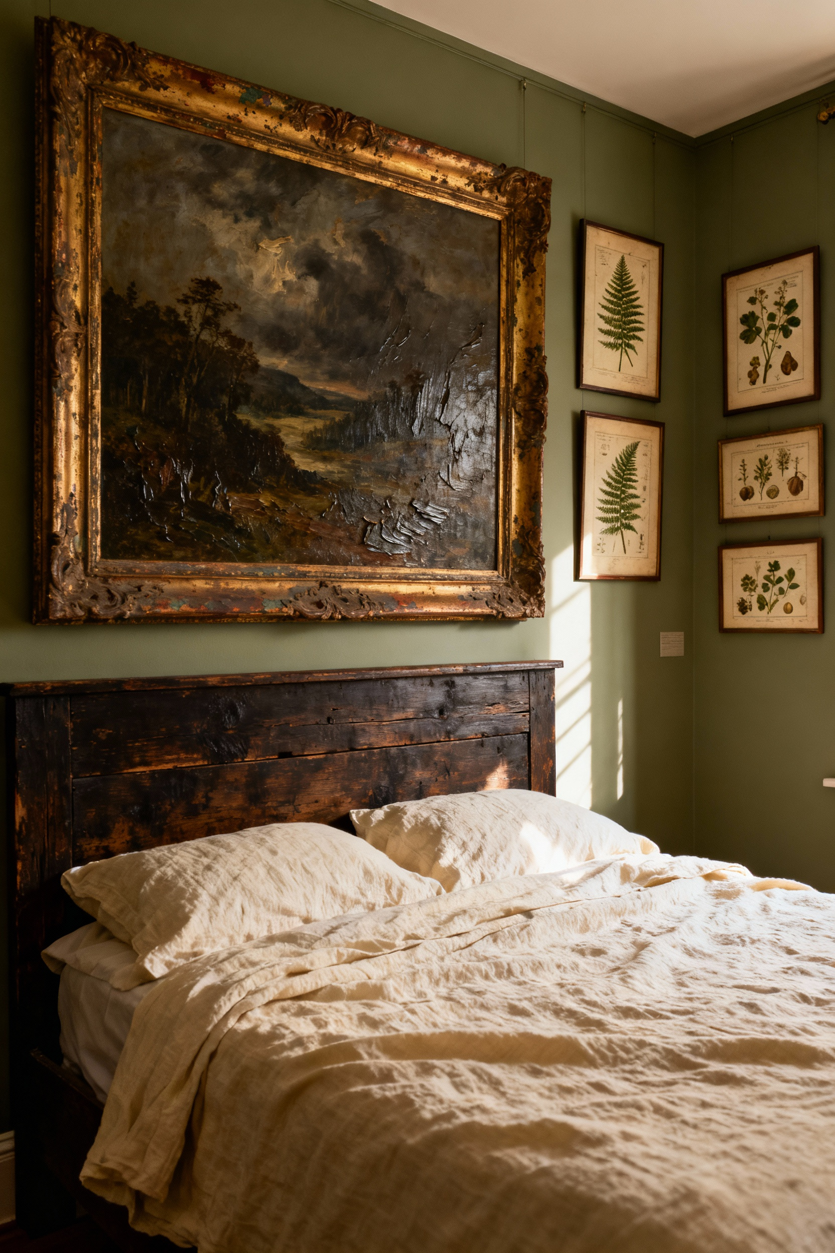 Detailed gallery wall in a vintage aesthetic bedroom featuring a contrasting display of a heavily textured, framed oil painting and delicate scientific botanical prints.