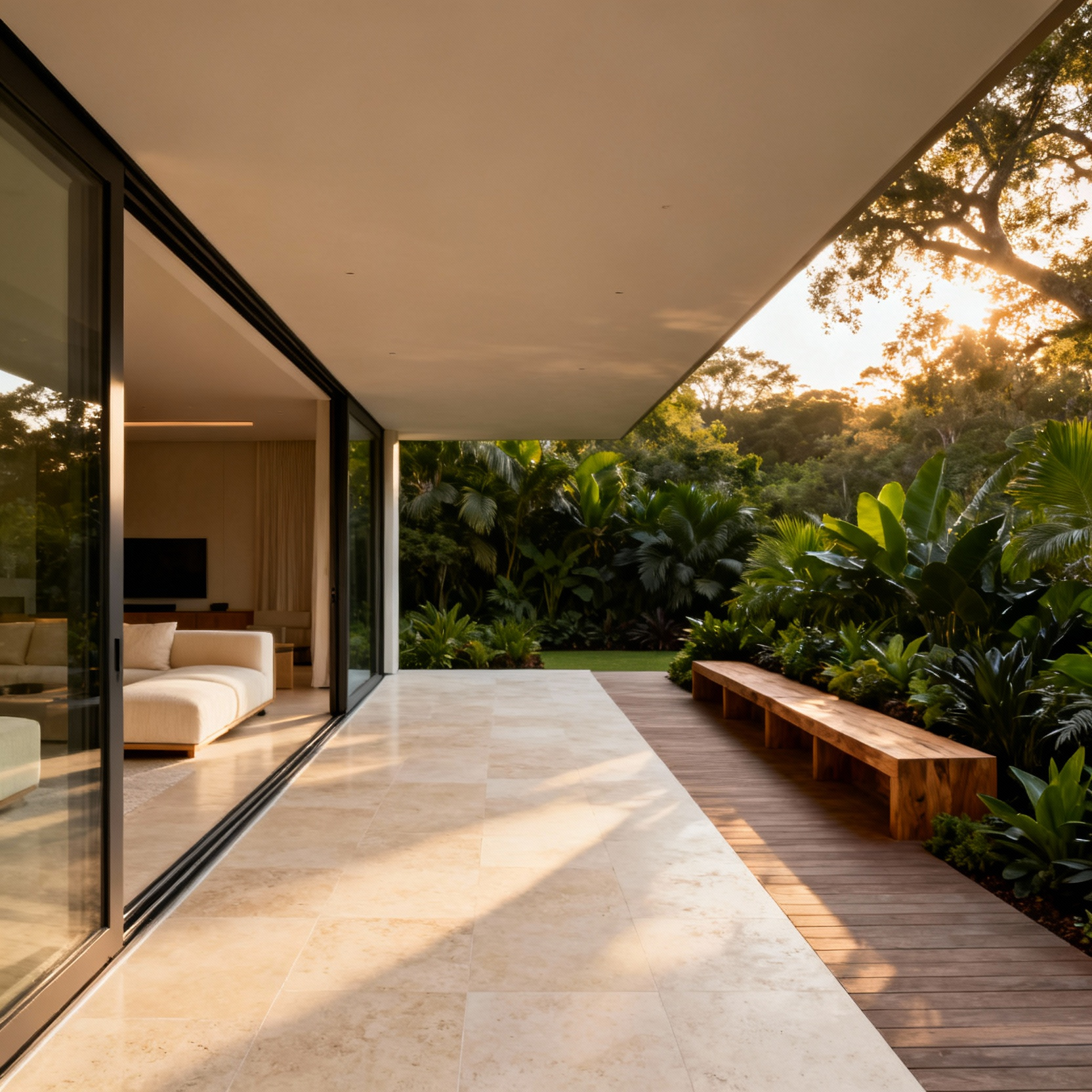 A luxurious modern patio design featuring open, fully recessed sliding glass doors and continuous light travertine flooring to seamlessly blend the indoor living room with the lush, biophilic outdoor sanctuary.