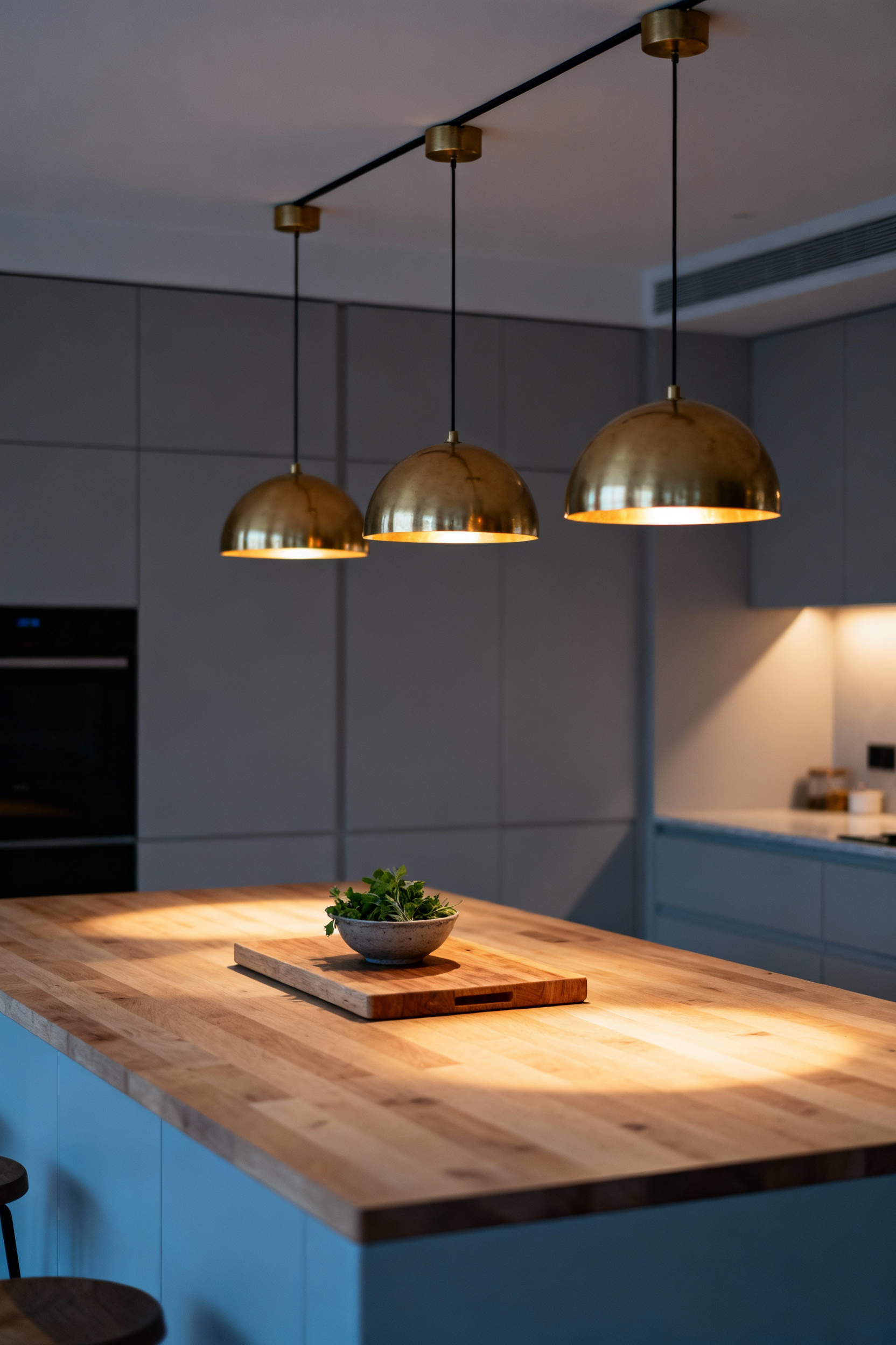 A modern Scandinavian kitchen island featuring focused task lighting from three polished brass metal dome pendant shades, demonstrating strong directional light for work zones.