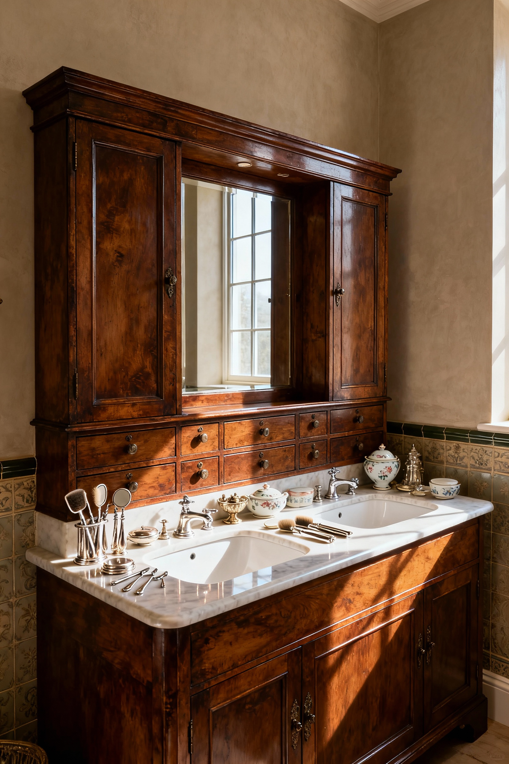 Antique mahogany apothecary cabinet repurposed as a double vanity in a classic bathroom, adorned with vintage silver and porcelain accessories, under soft daylight.