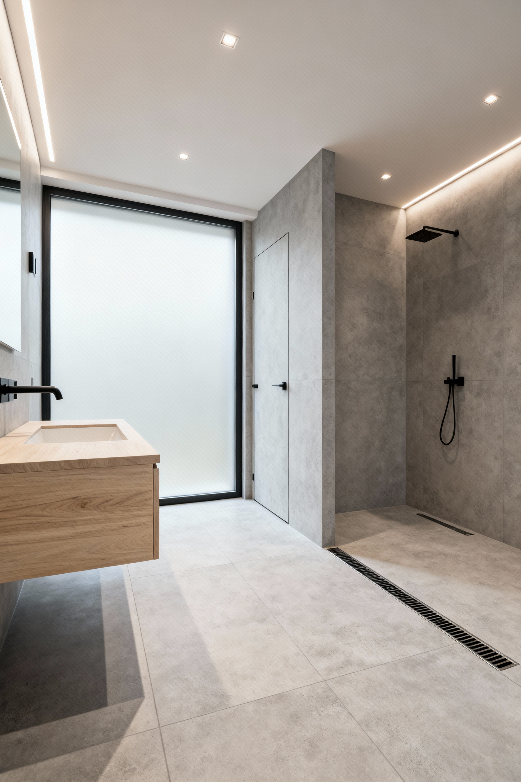 A spacious, luxurious curbless wet room bathroom featuring seamless light gray large-format tile flooring that extends into the walk-in shower area, creating an accessible, visually expansive design.